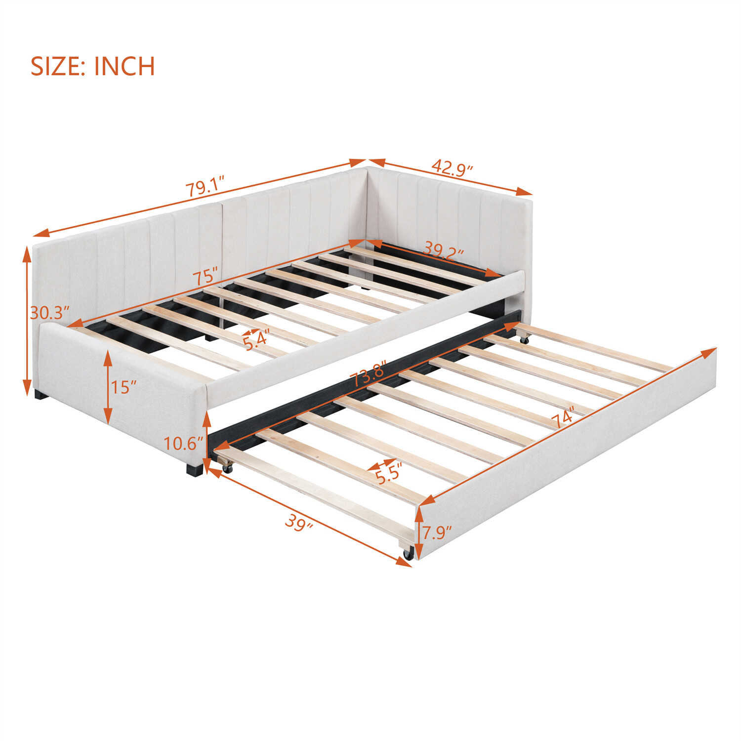 Twin Size Daybed with Pull-Out Trundle Linen Upholstered Bed Frame Sofa Bed US
