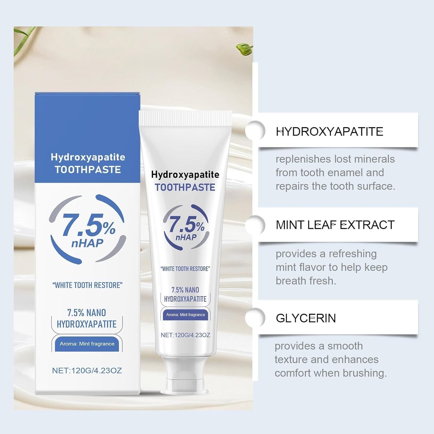 Hydroxyapatite Enamel Protection Toothpaste - 7.5%, Natural Mint Flavor, 2 Pack