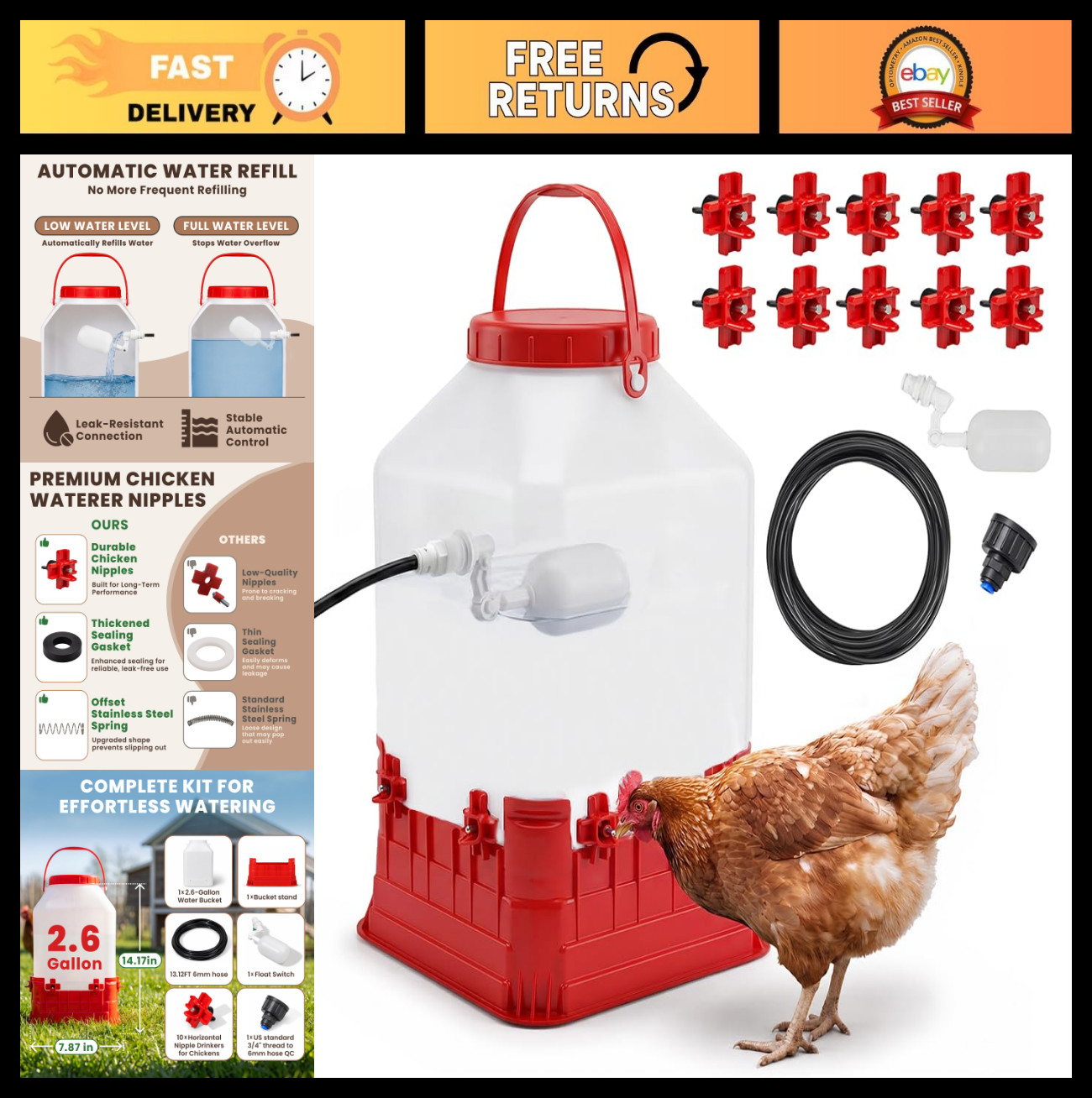 2.6 Gal Automatic Chicken Waterer with Nipple Drinker | Self-Refilling Poultry S