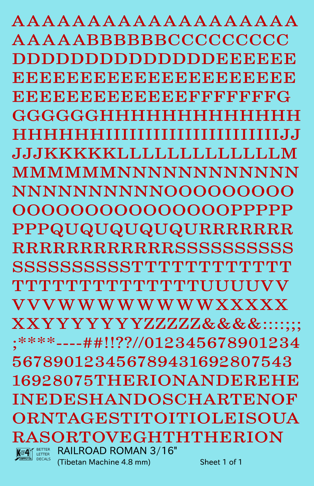 K4 HO Scale Water Slide Decals Red 3/16 Inch Railroad Roman Letter Alphabet