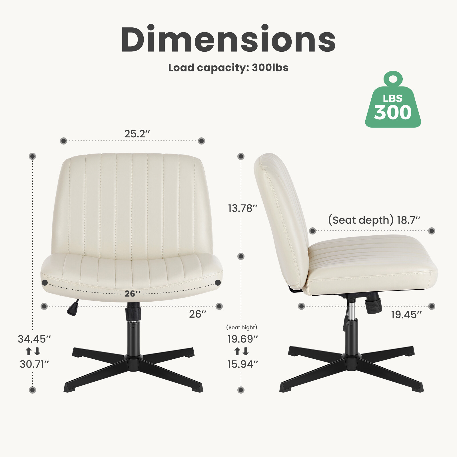 Cross Legged Chair Armless No Wheel PU Leather Height Adjustable Vanity