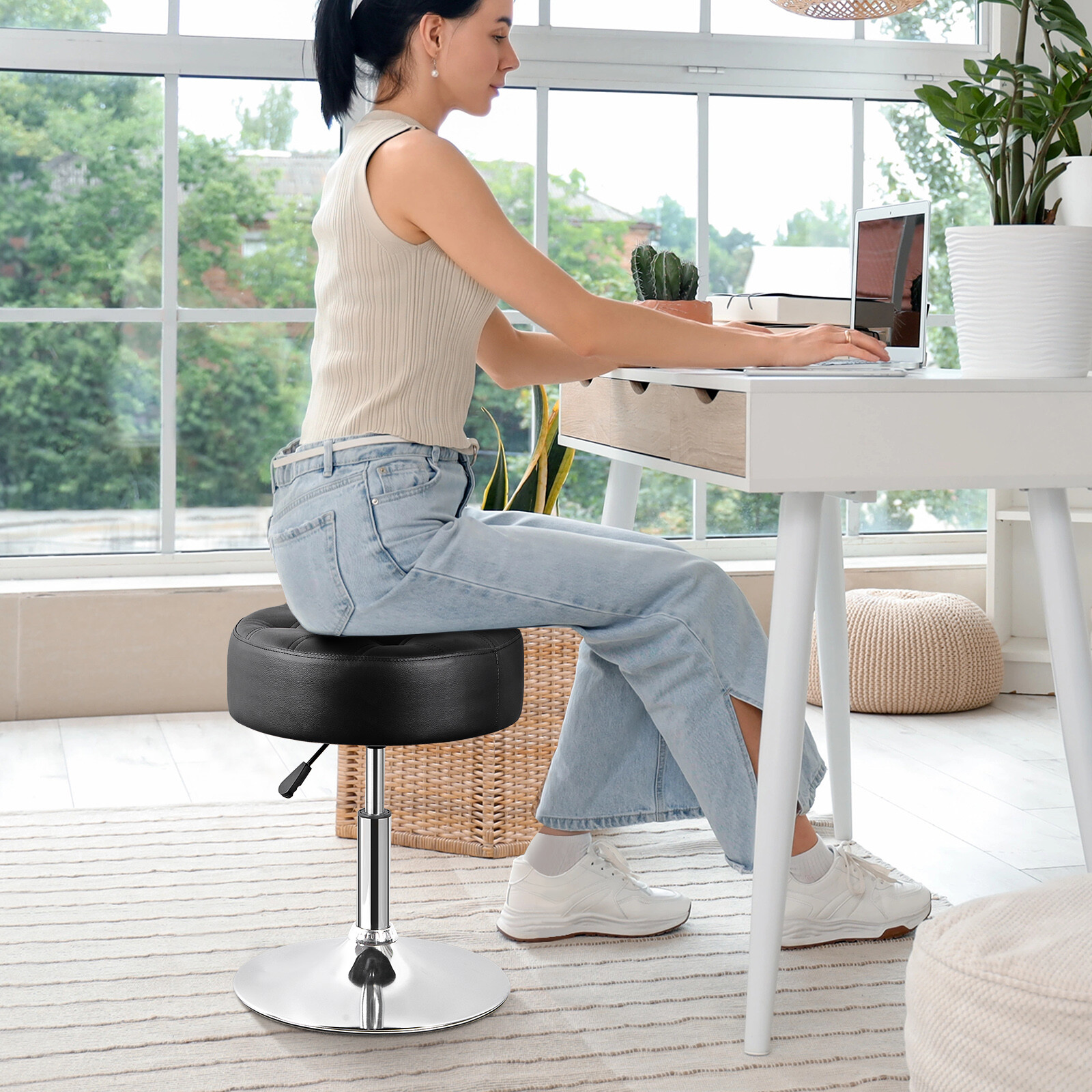 2PCS 360° Swivel Vanity Bar Stool Makeup Stool Adjustable Height Bar Stool Black
