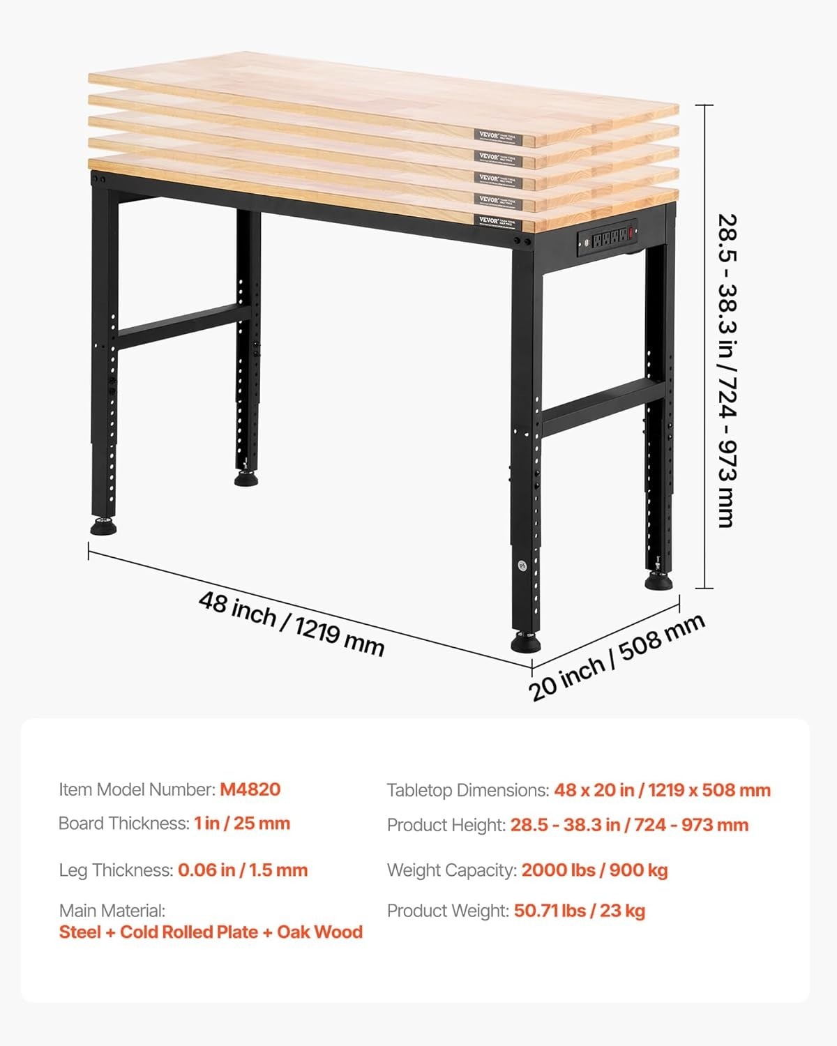 Versatile Adjustable Work Bench - 48 x 20 Inches, 2000 lbs with USB & AC Outlets