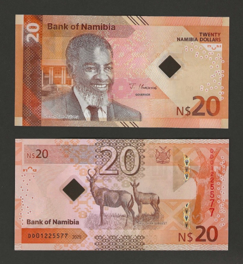 NAMIBIA $20 Dollars 2025, P-21a, Hybrid Paper, DD-Prefix, UNC Grade. Hartbeest
