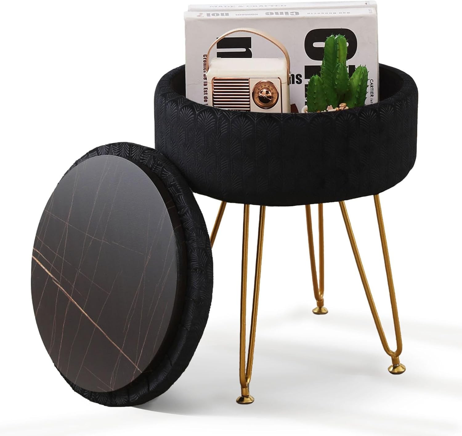 Velvet Storage Ottoman Round Footrest Stool Multifunctional Upholstered Ottoman