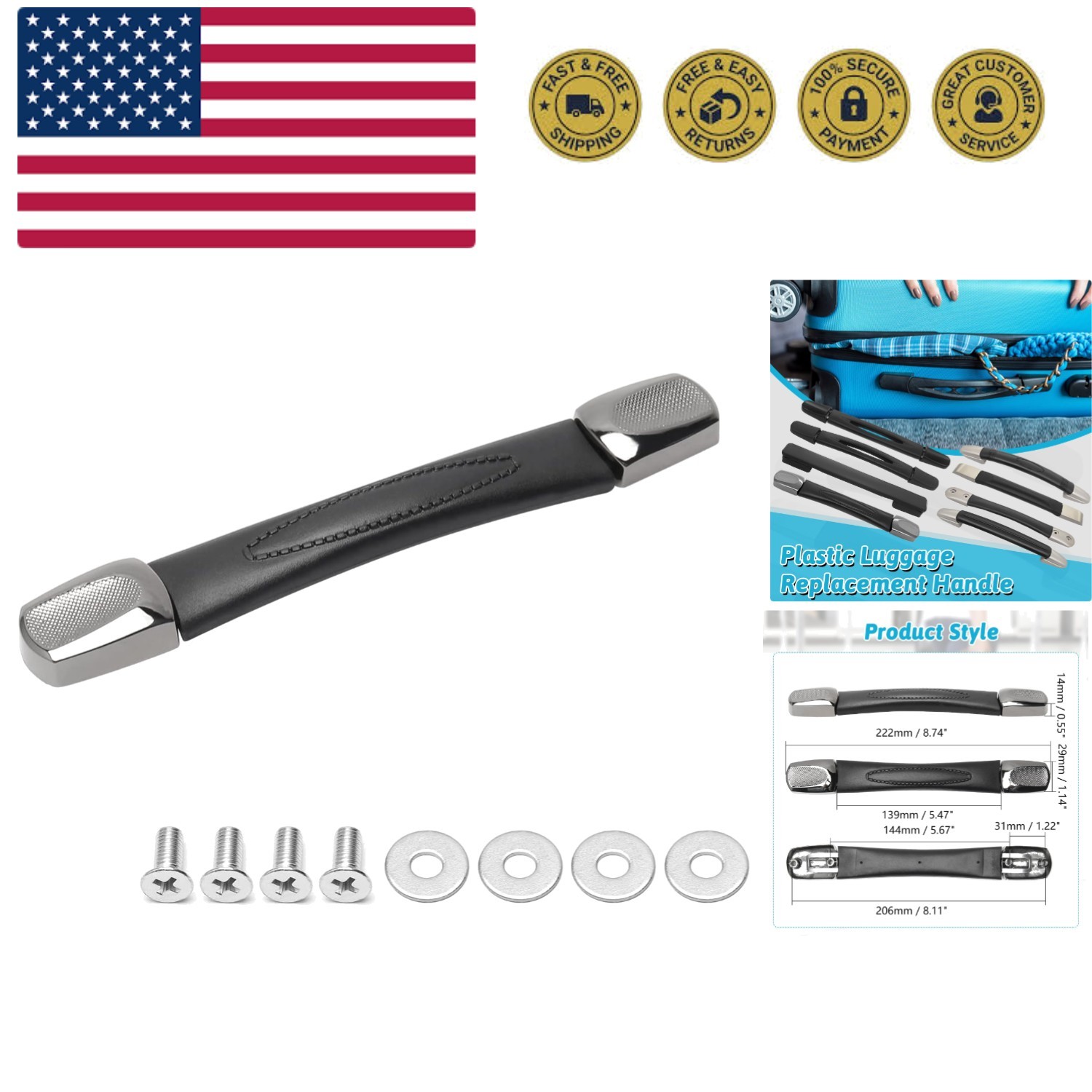 1Pc Luggage Handle 8.78" x 1.14" L x W Plastic Pull Handle Grip Replacement 2...