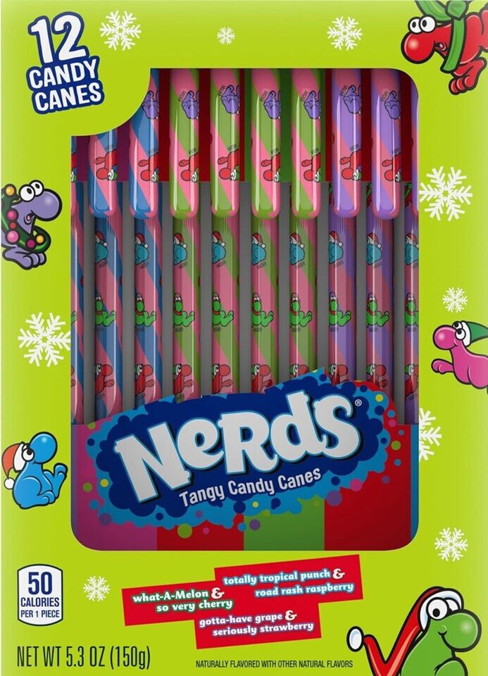Nerds Tangy Candy Canes - Tropical Punch - Melon - Grape - 12 count