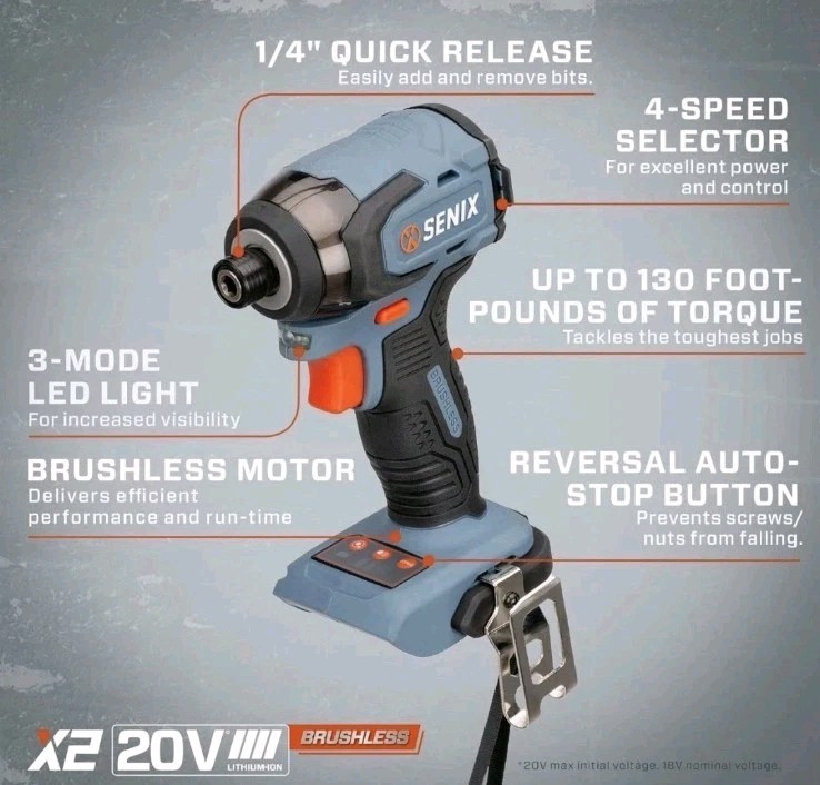 SENIX X2 20V Brushless Cordless 2-Tool Kit Drill/Driver Impact Driver S2K2B2-01