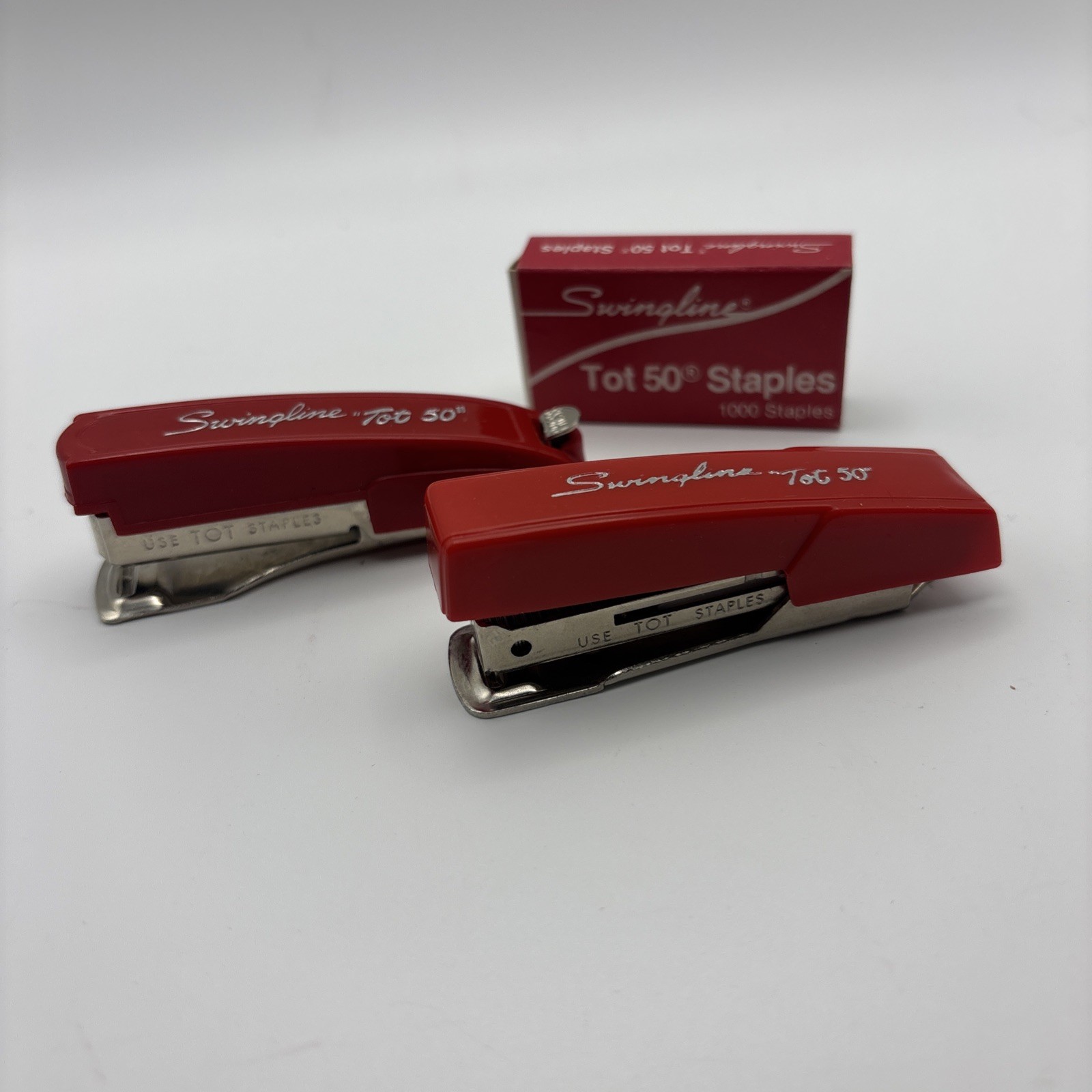 Vintage Pair of Swingline Tot 50 Red Mini Staplers USA ~ Two Styles w/ Staples