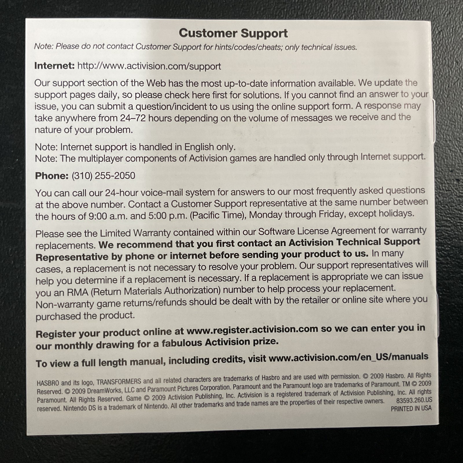 Transformers Revenge Fallen Autobots Nintendo DS Instruction Manual Only