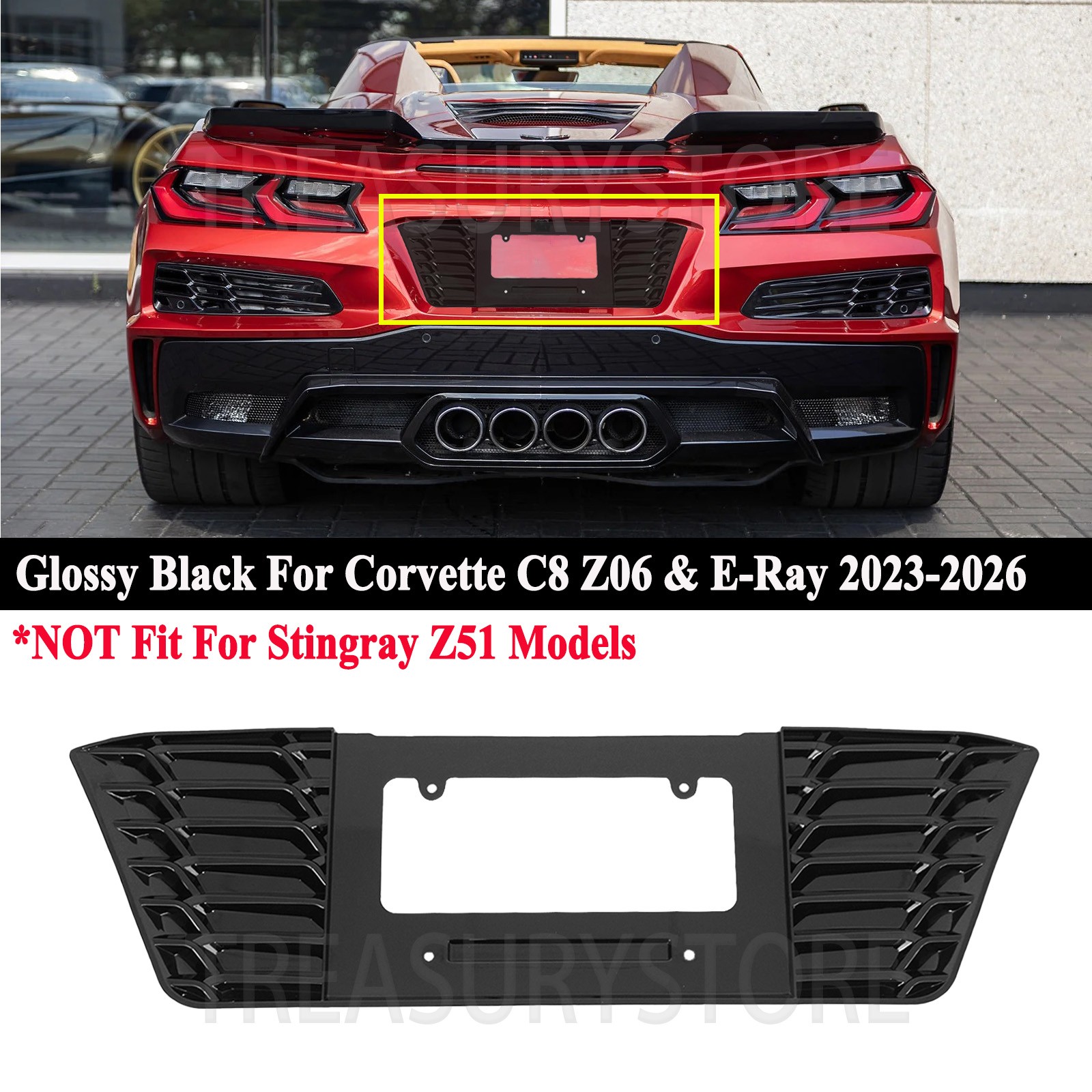 For Corvette C8 Z06 E-Ray 2023-2026 Rear License Plate Frame Cover Glossy Black