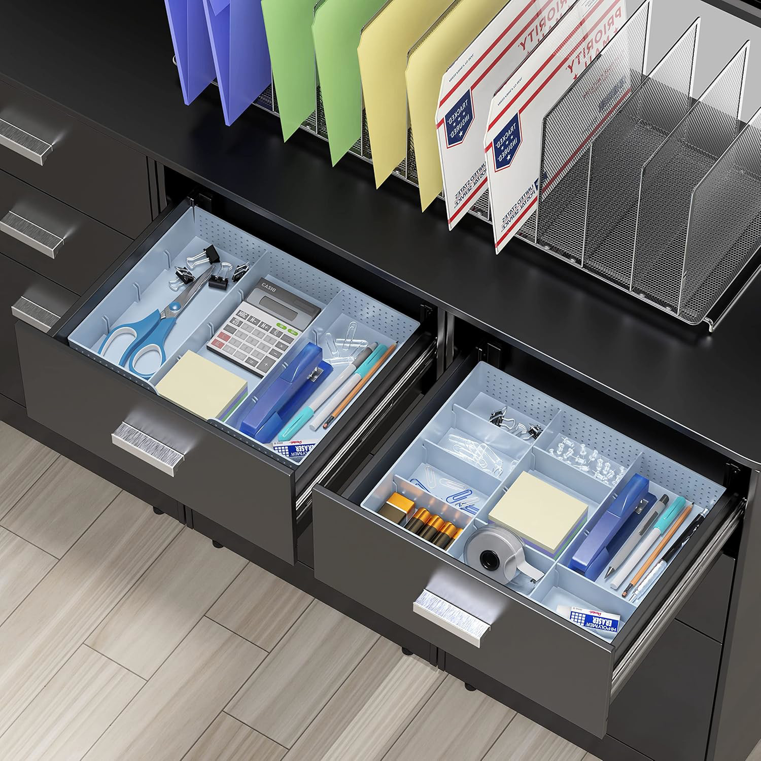 Blue Drawer Organizer Tray - 9 Adjustable Compartments for Home Storage