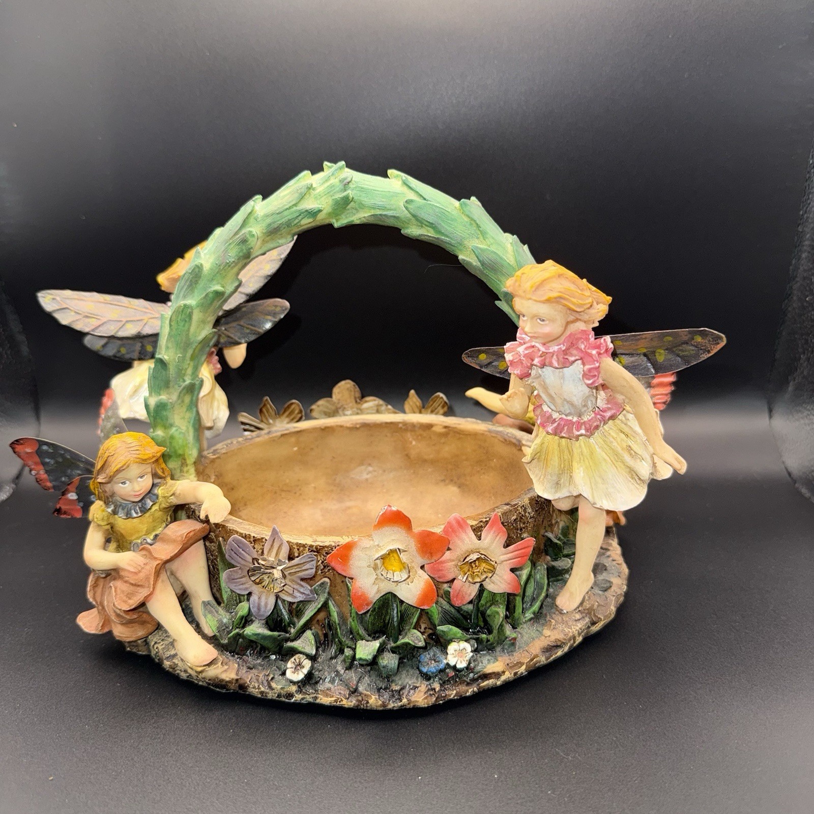 Decorative Oval Basket Shaped Resin Planter Fairy Garden Fairy’s Metal Flowers