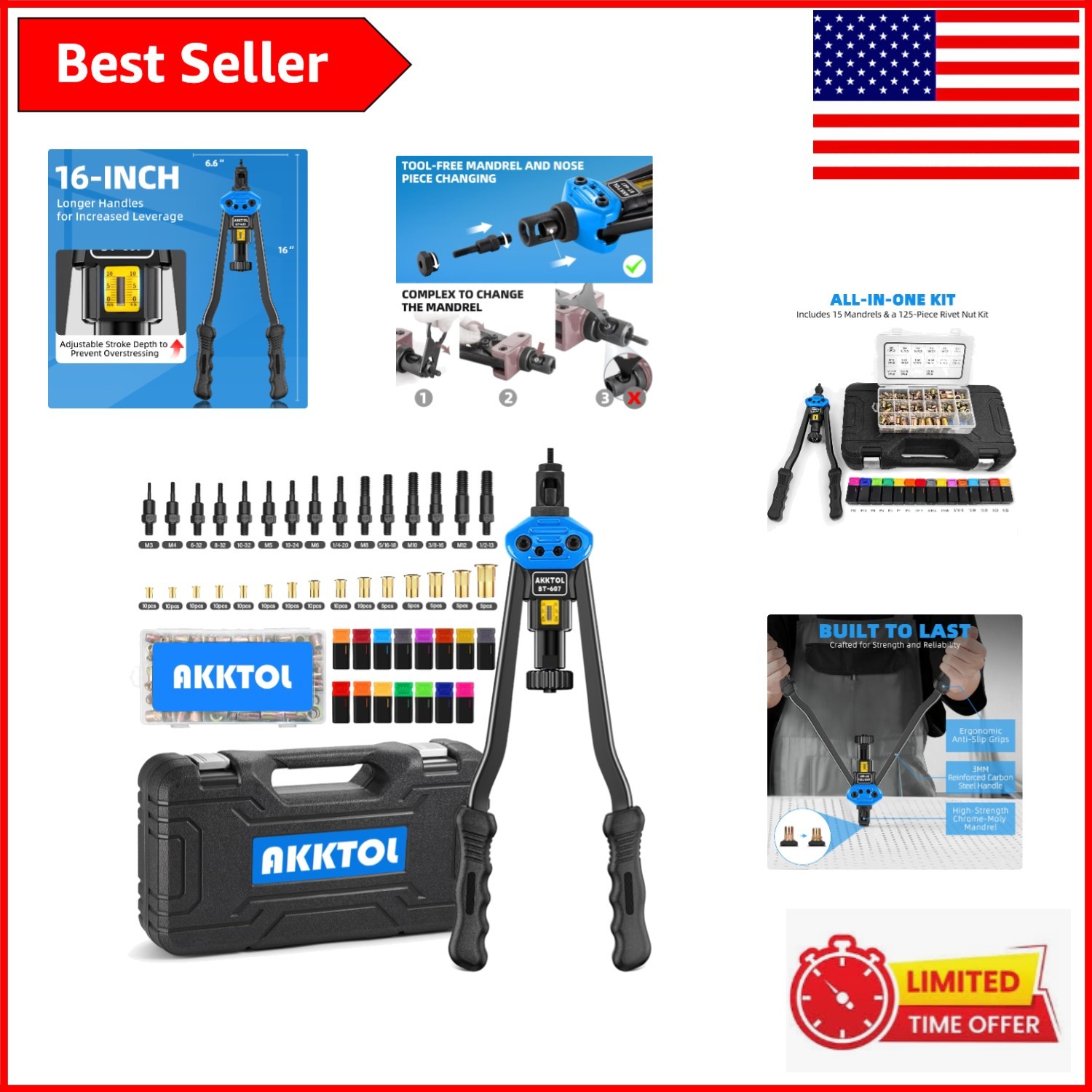 Versatile Rivet Nut Tool Kit - 16" Long Handles, 125-Piece Set for Metalwork