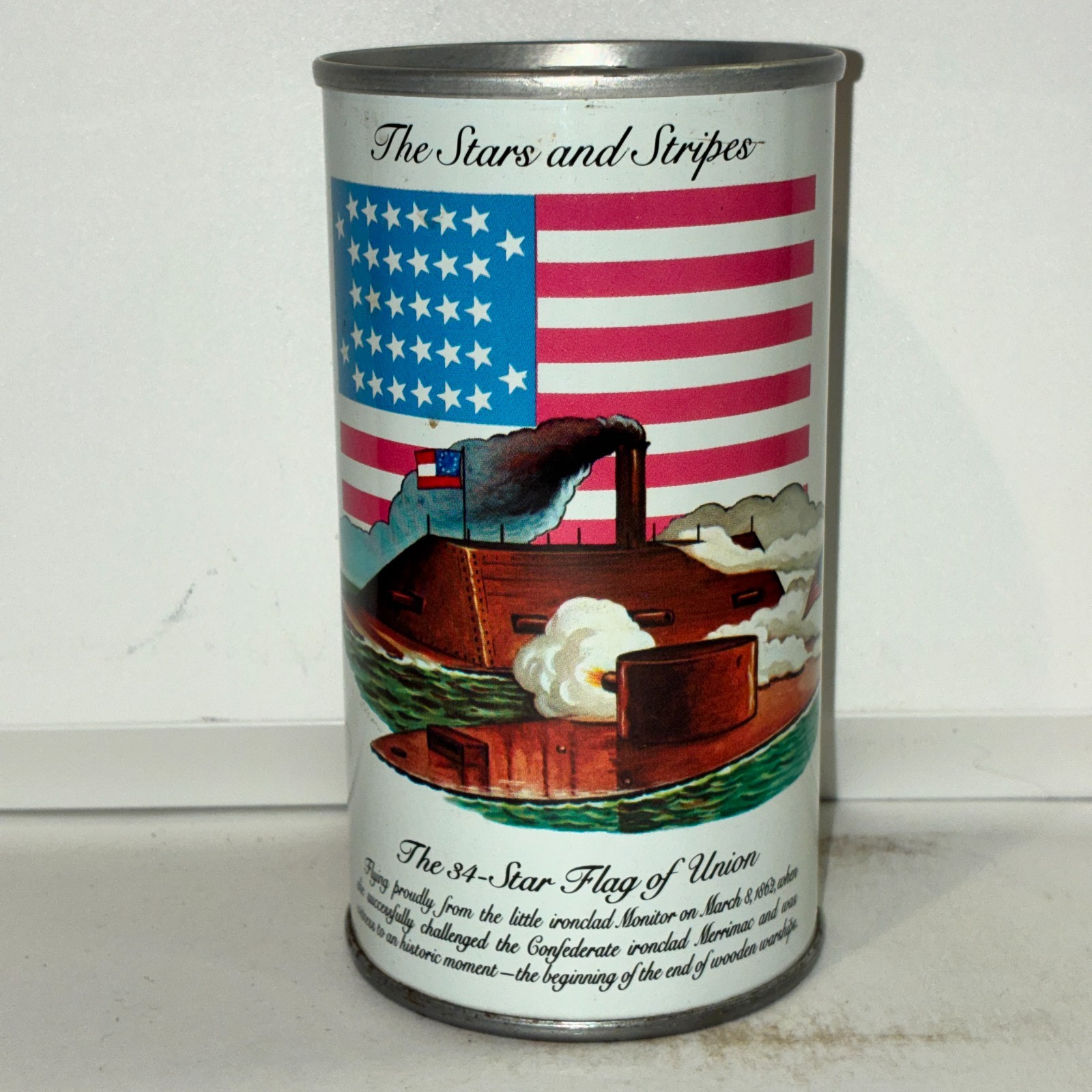 1976 Bicentennial Stars and Stripes, 34 Star, Graf's Orange soda can, BO