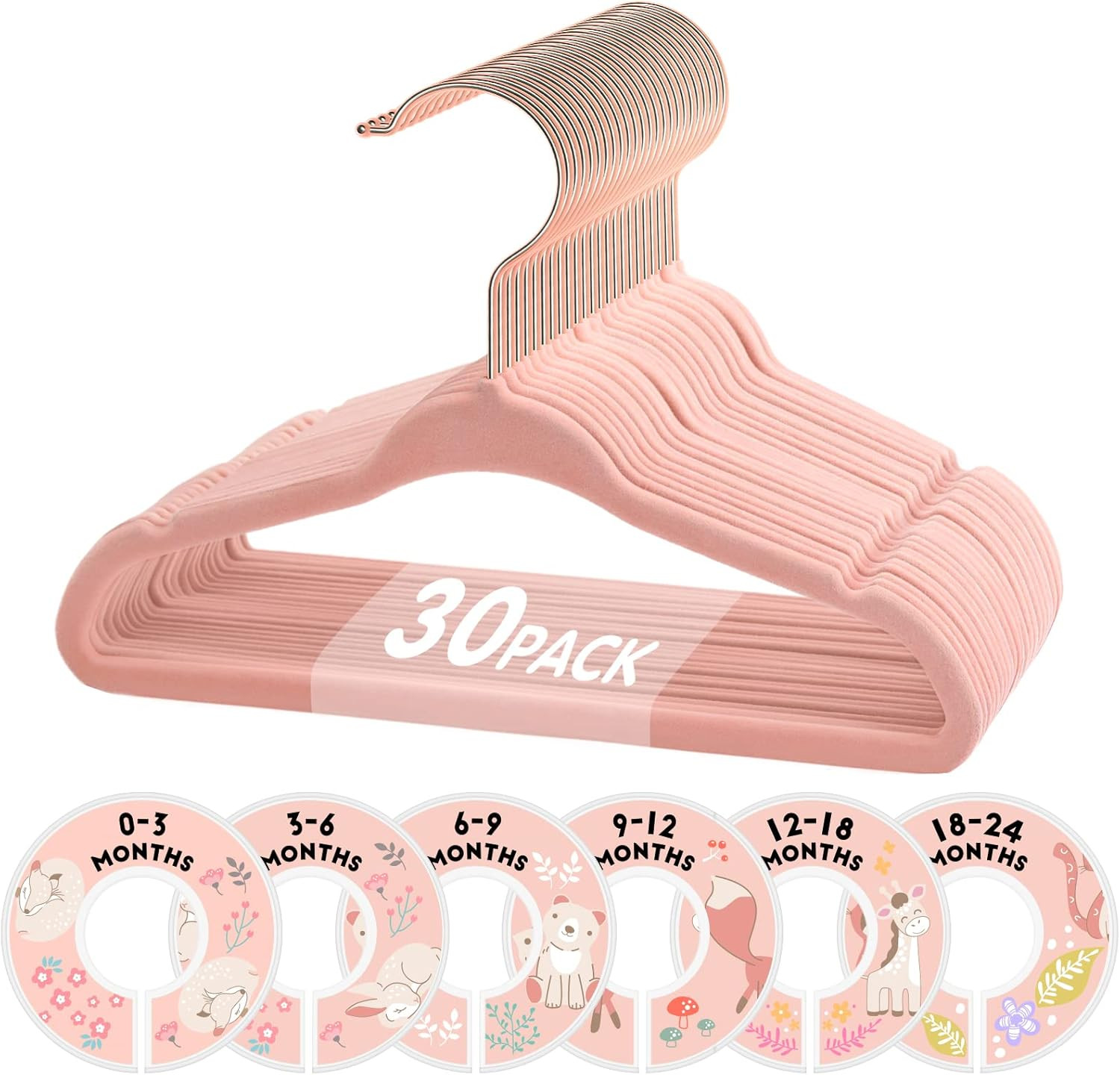 Baby Hangers 11 Inch Pink Velvet Kids Hangers with 6 Pcs Clothes Size Divider...