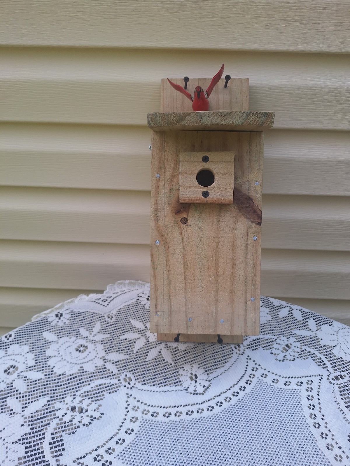 Handcrafted Wooden Birdhouse with Red Bird Accent – 17 in Tall