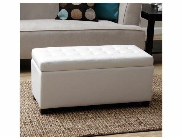 White Faux Leather Storage Bench Tufted Large Fabric Wood Seat Ottoman Hallway