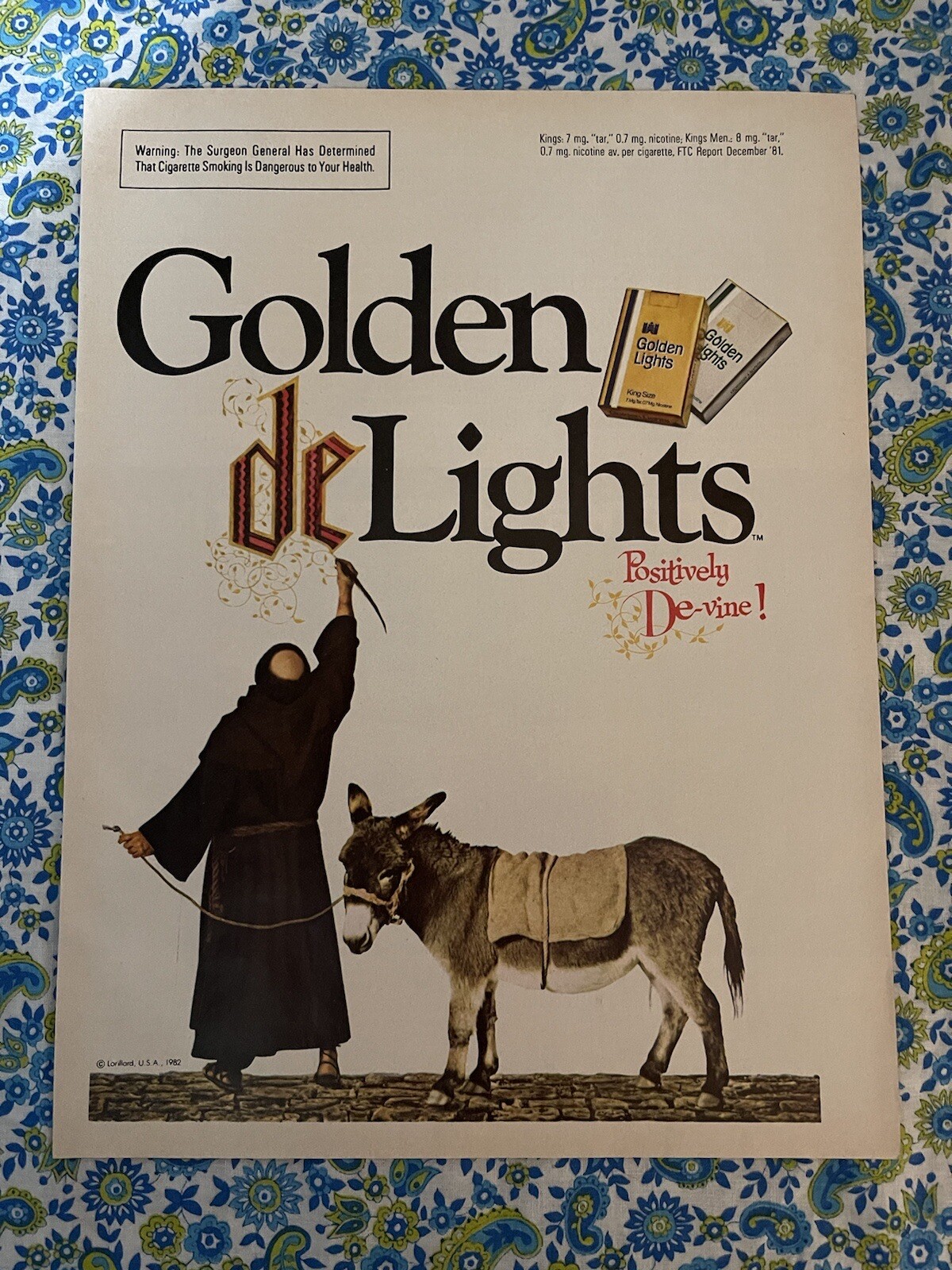 Vintage 1982 Golden Lights Cigarettes Print Ad De Lights Monk Donkey