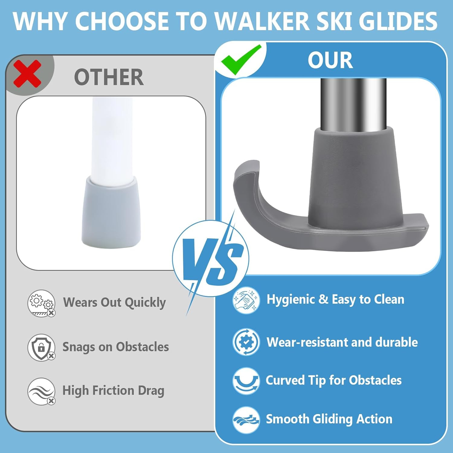 2 Pack Walker Ski Glides for Folding Walkers, Smooth Gliding Replacement Feet...