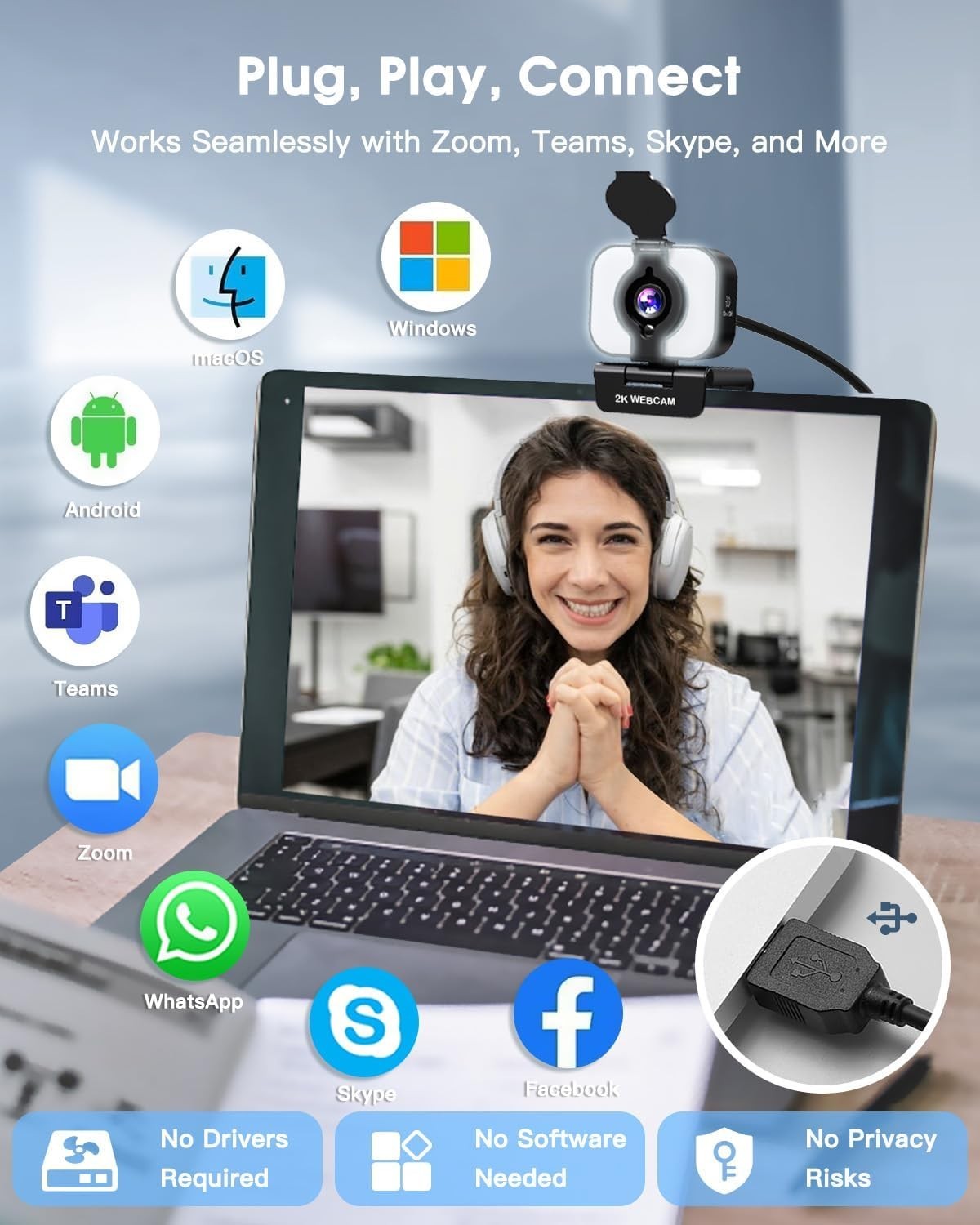 2K Webcam for PC, Web Camera with Microphone, Light, Privacy Cover, Plug and ...