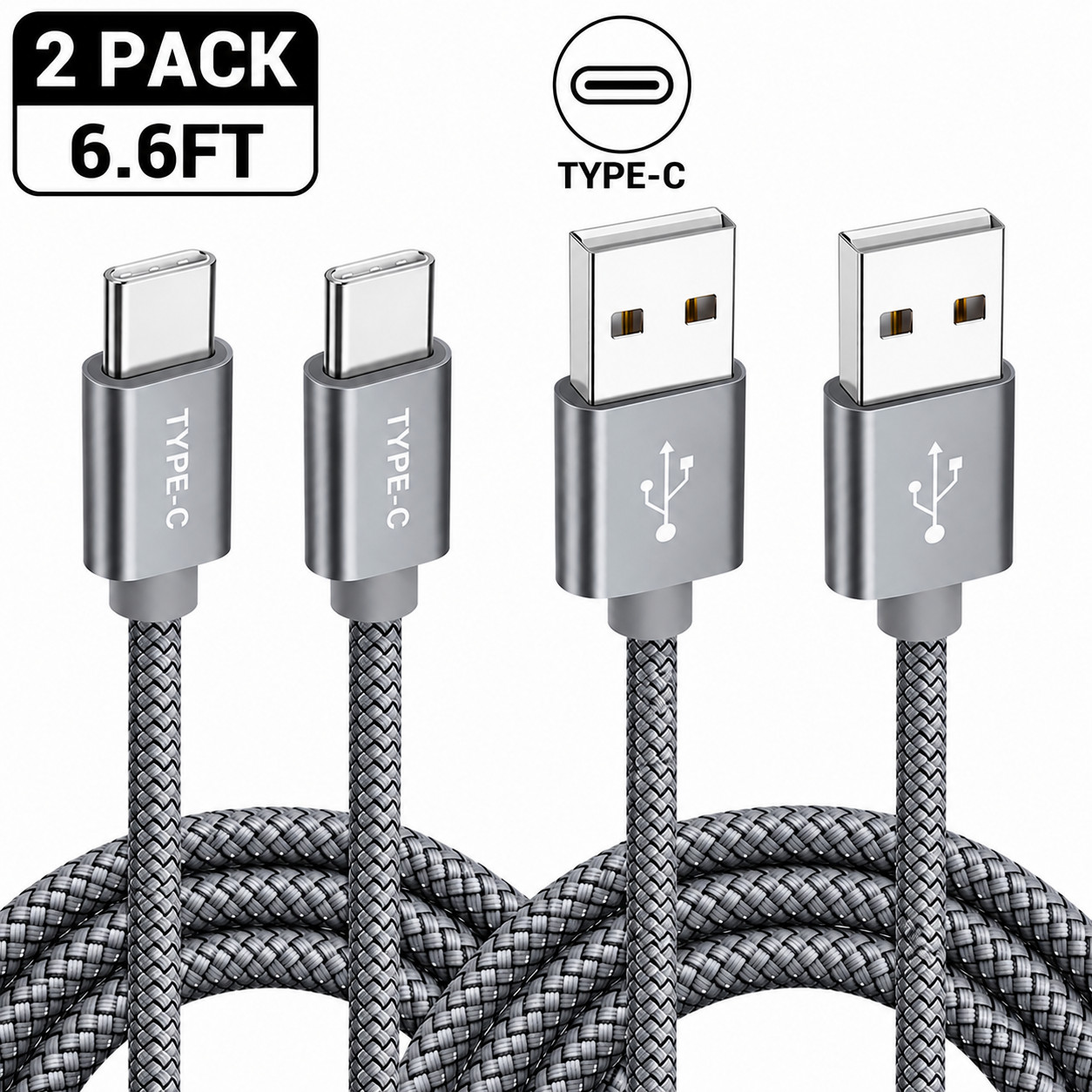 2 Pack iPhone Charger, 6.6FT USB to Type-C Charging Cable, Braided Charger Cord