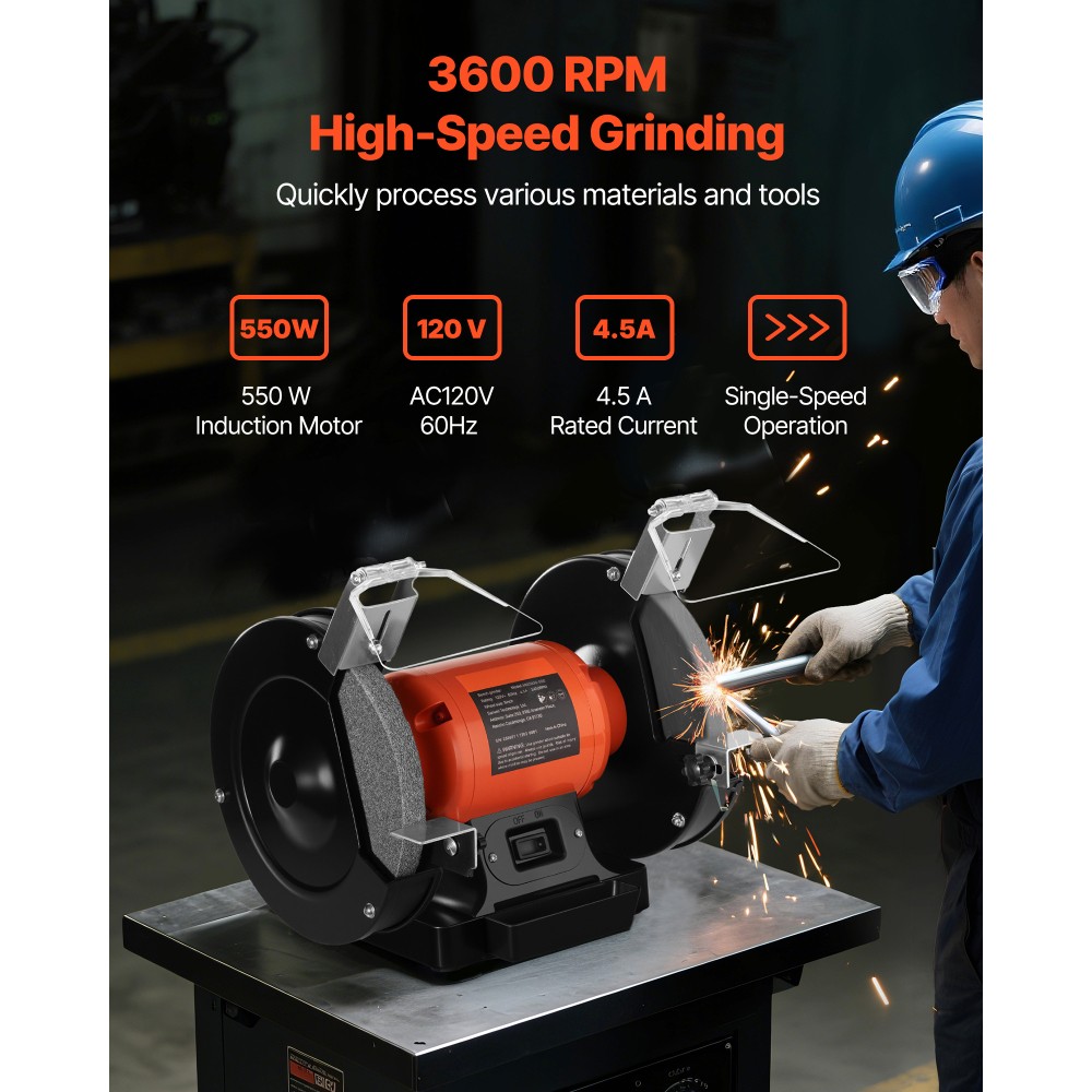 8" 550W 3450RPM Bench Grinder Adjustable Eye Shield Grinding Sharpener