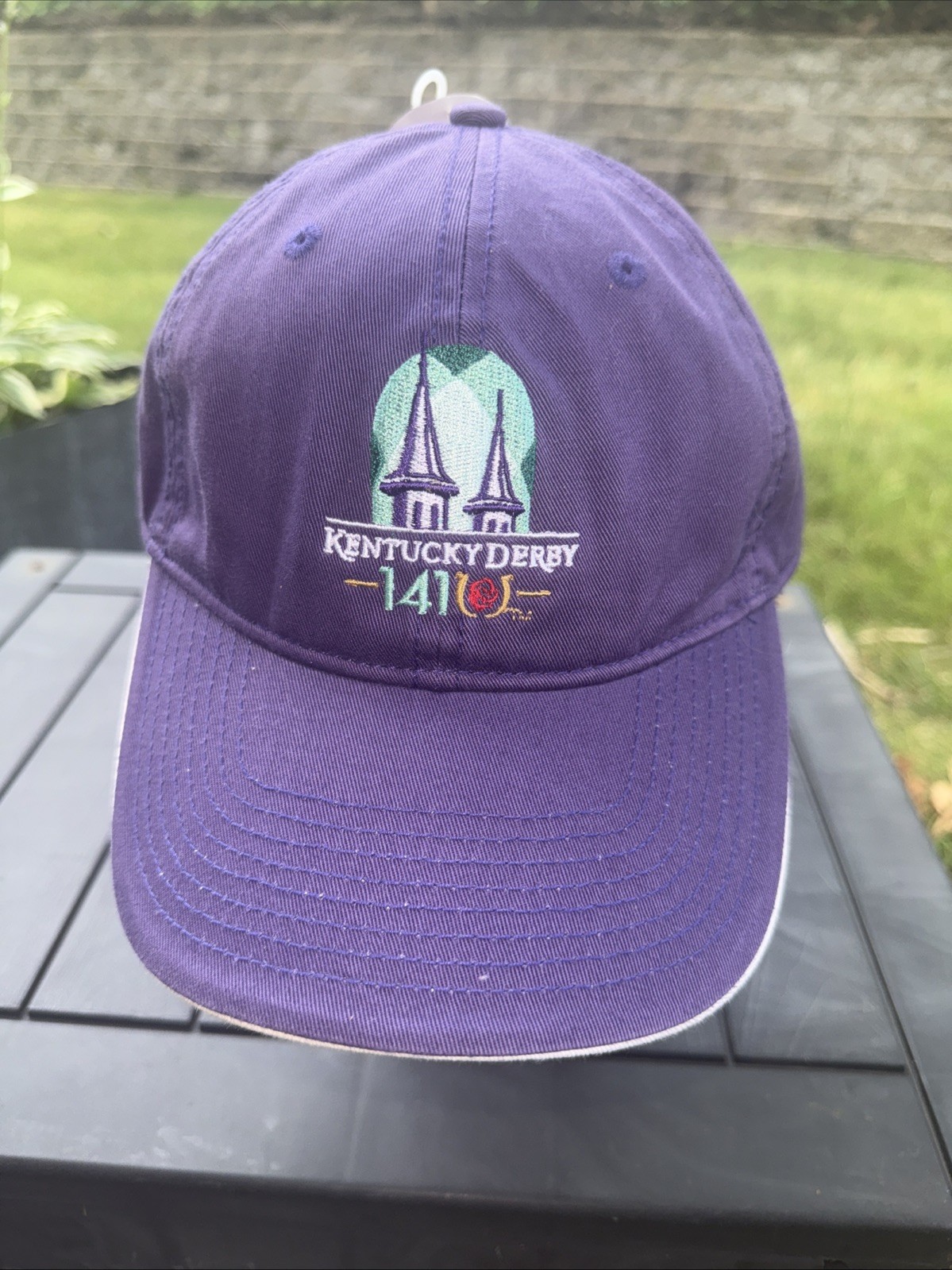 Kentucky Derby w Horseshoe,Rose, 2 Towers  on Purple Hat Cap May 2, 2015 NWT