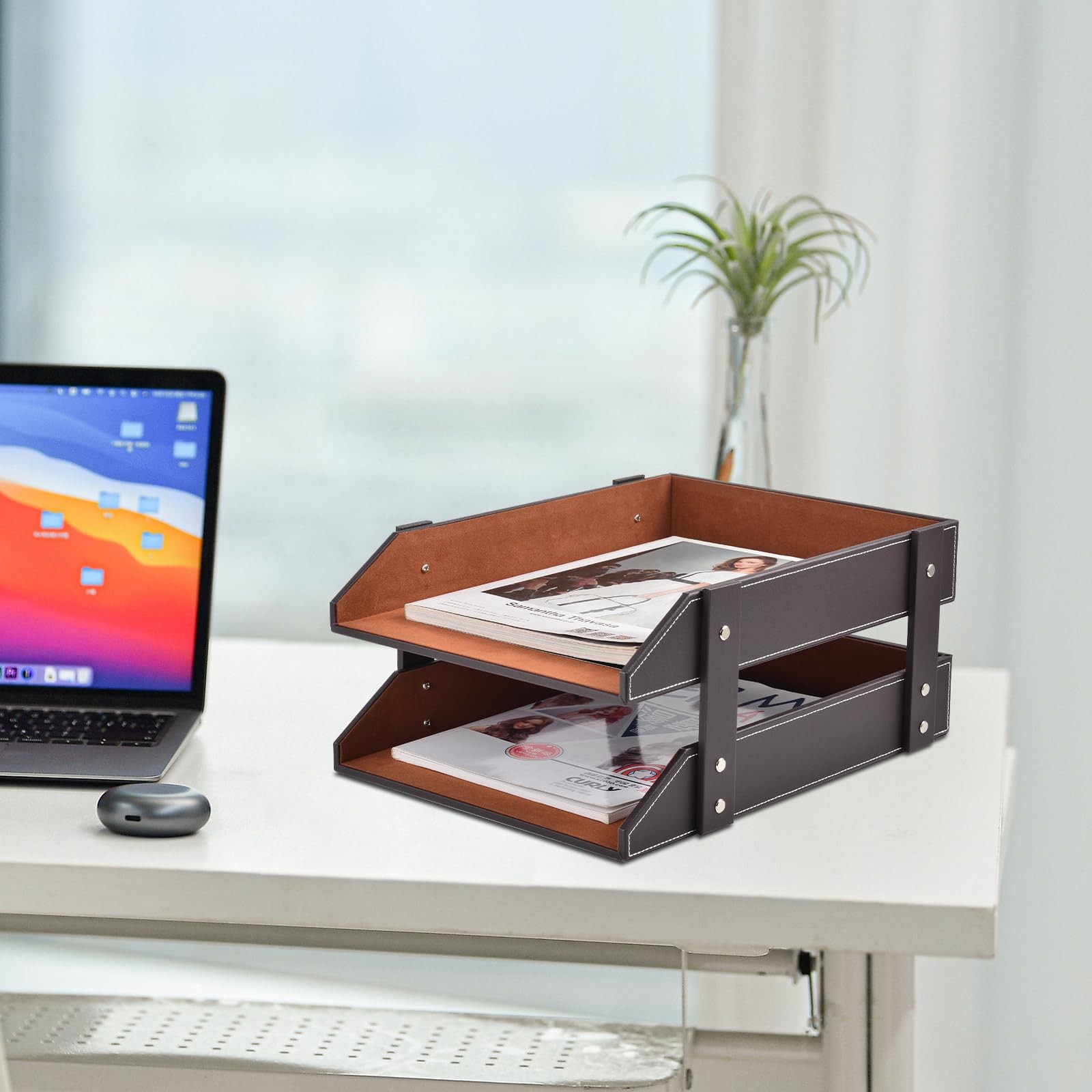 Leather Desk Organizer,2-Tier Stackable Letter Tray Holder,Office Supplies De...