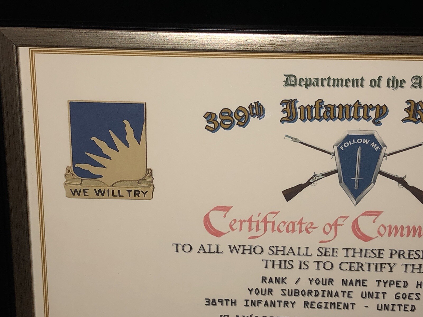 389TH INFANTRY REGIMENT / COMMEMORATIVE - CERTIFICATE OF COMMENDATION