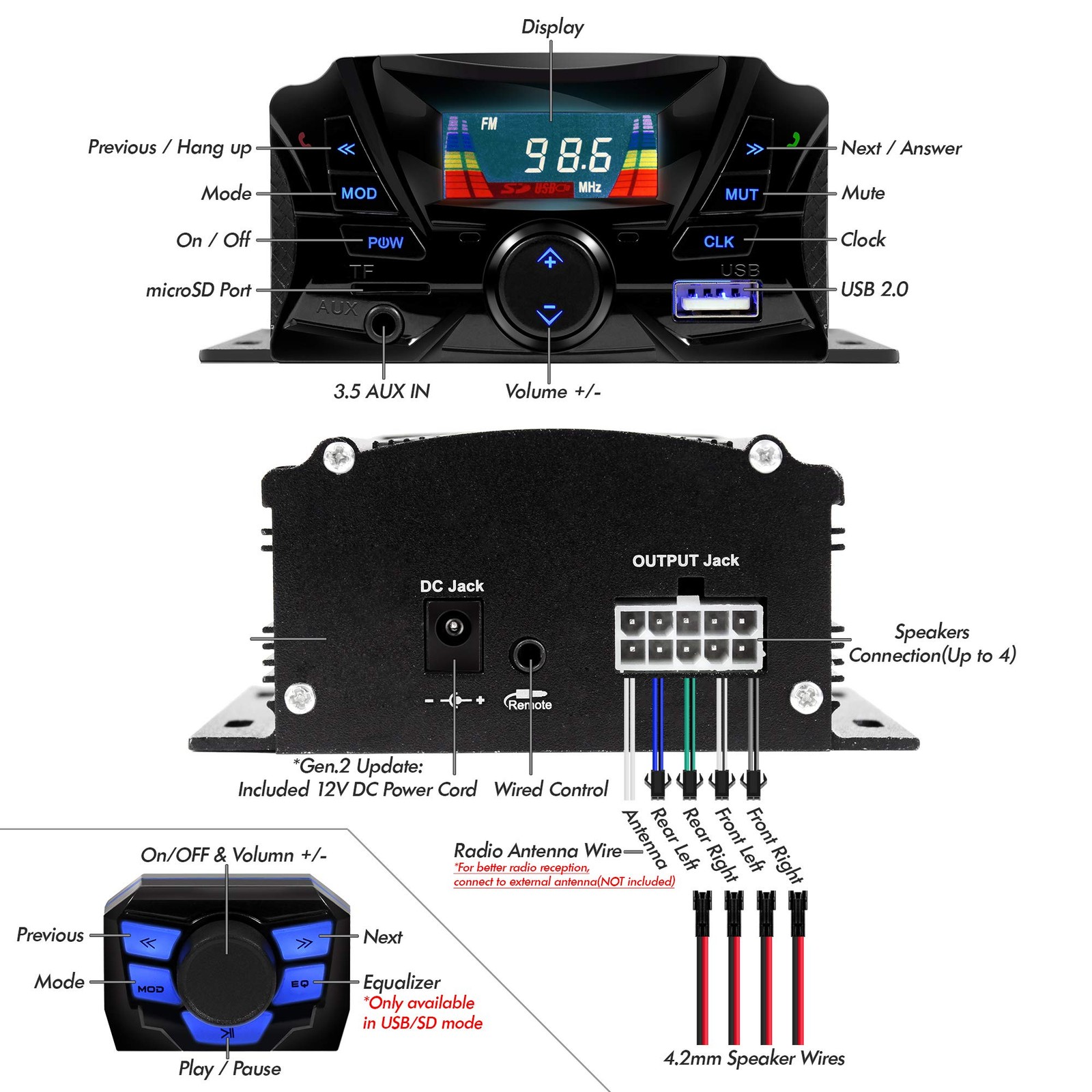 GoHawk Motorcycle Speakers Bluetooth, Waterproof and TS3 Black