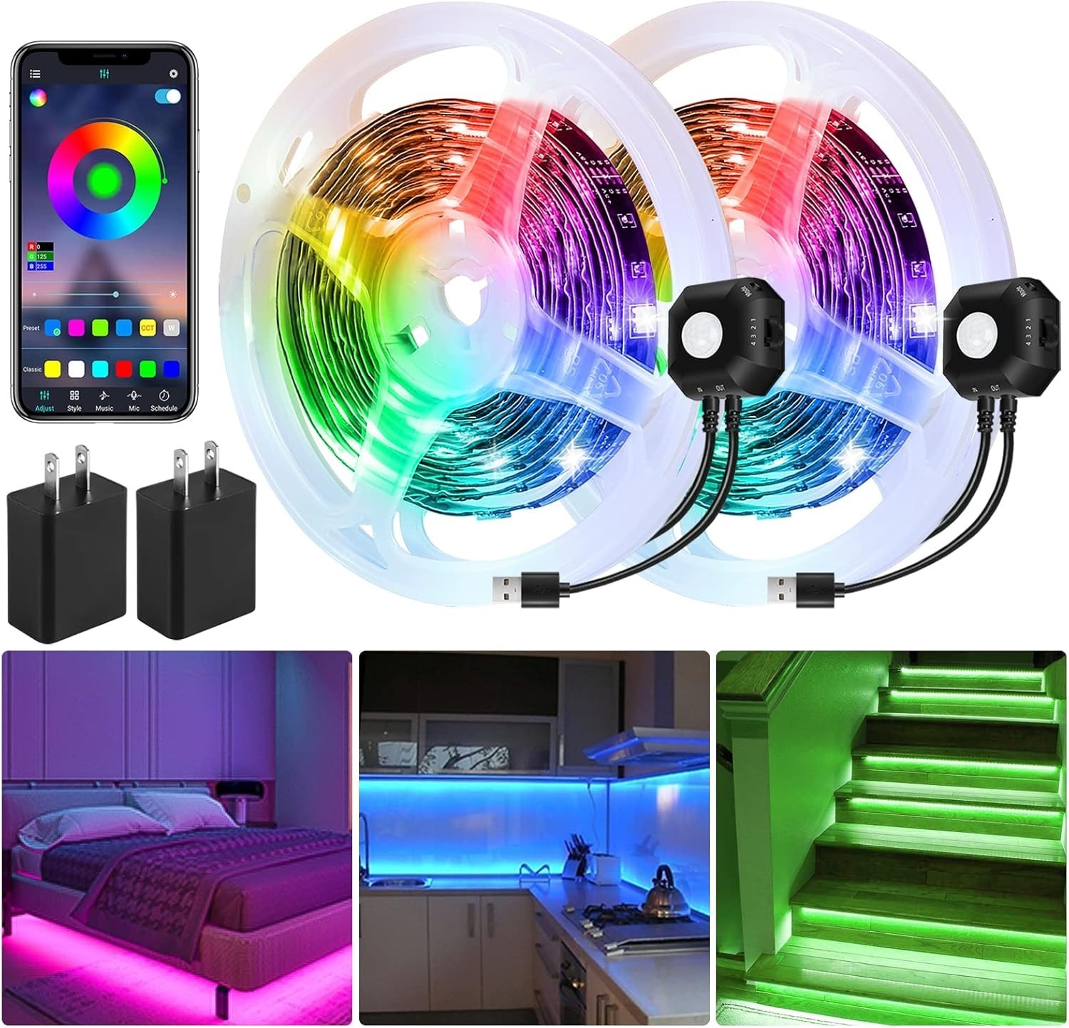 Motion Activated Under Bed Light Strips 2x98ft RGB Motion Sensor LED Light