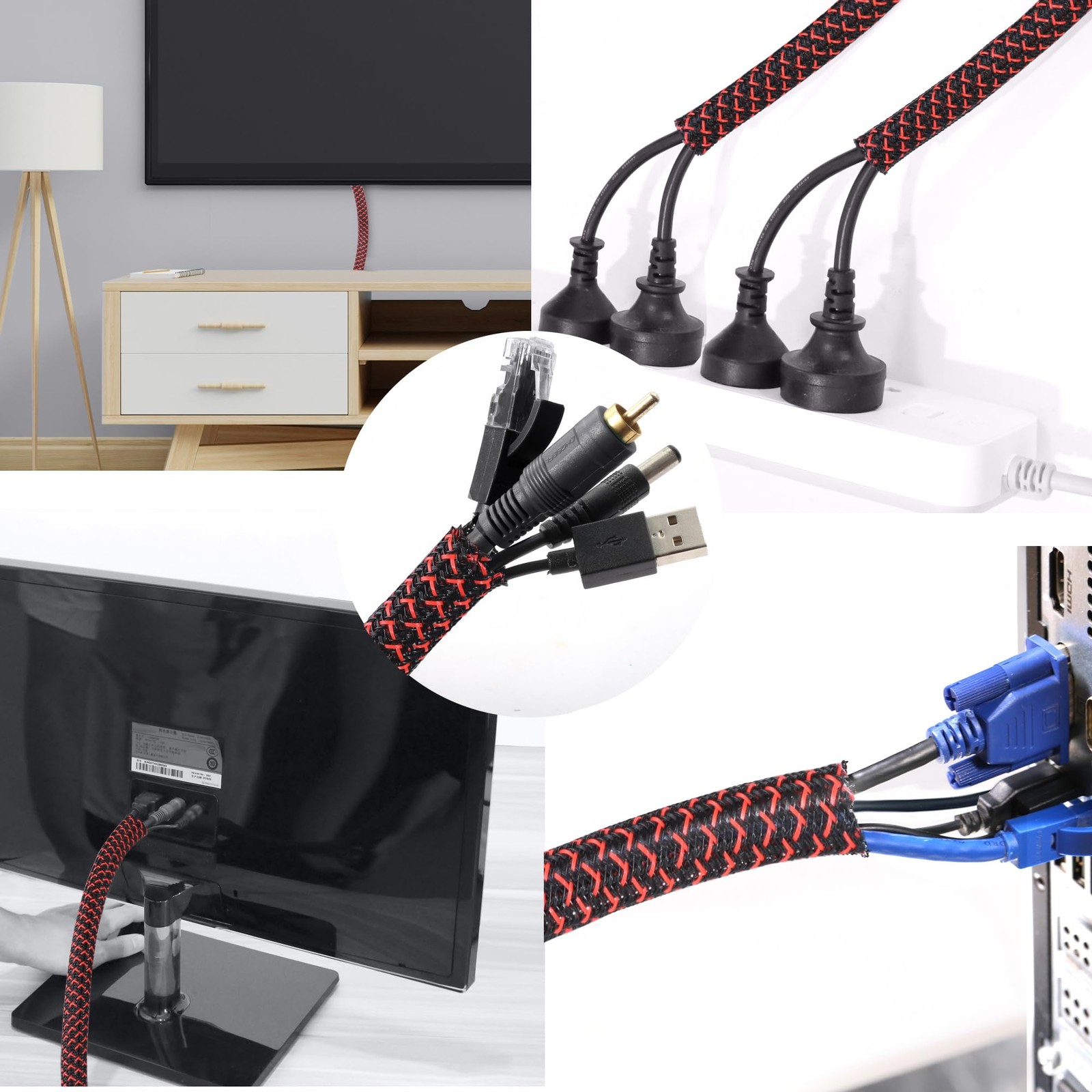 CrocSee 25ft 1/2in Braided Cable Sleeve - Self-Wrapping Split Loom Black/Red