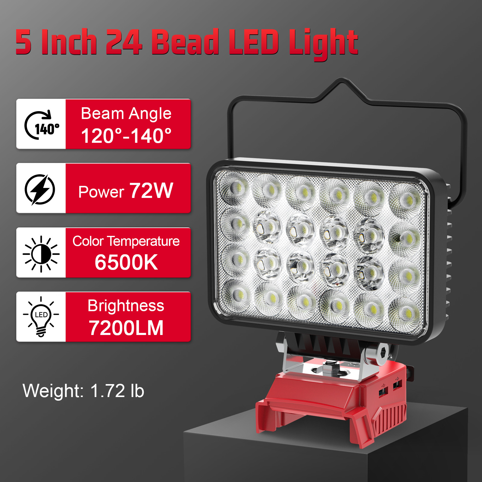 72W LED Work Light Compatible with Milwaukee 18V Battery 7200LM Flashlight USB