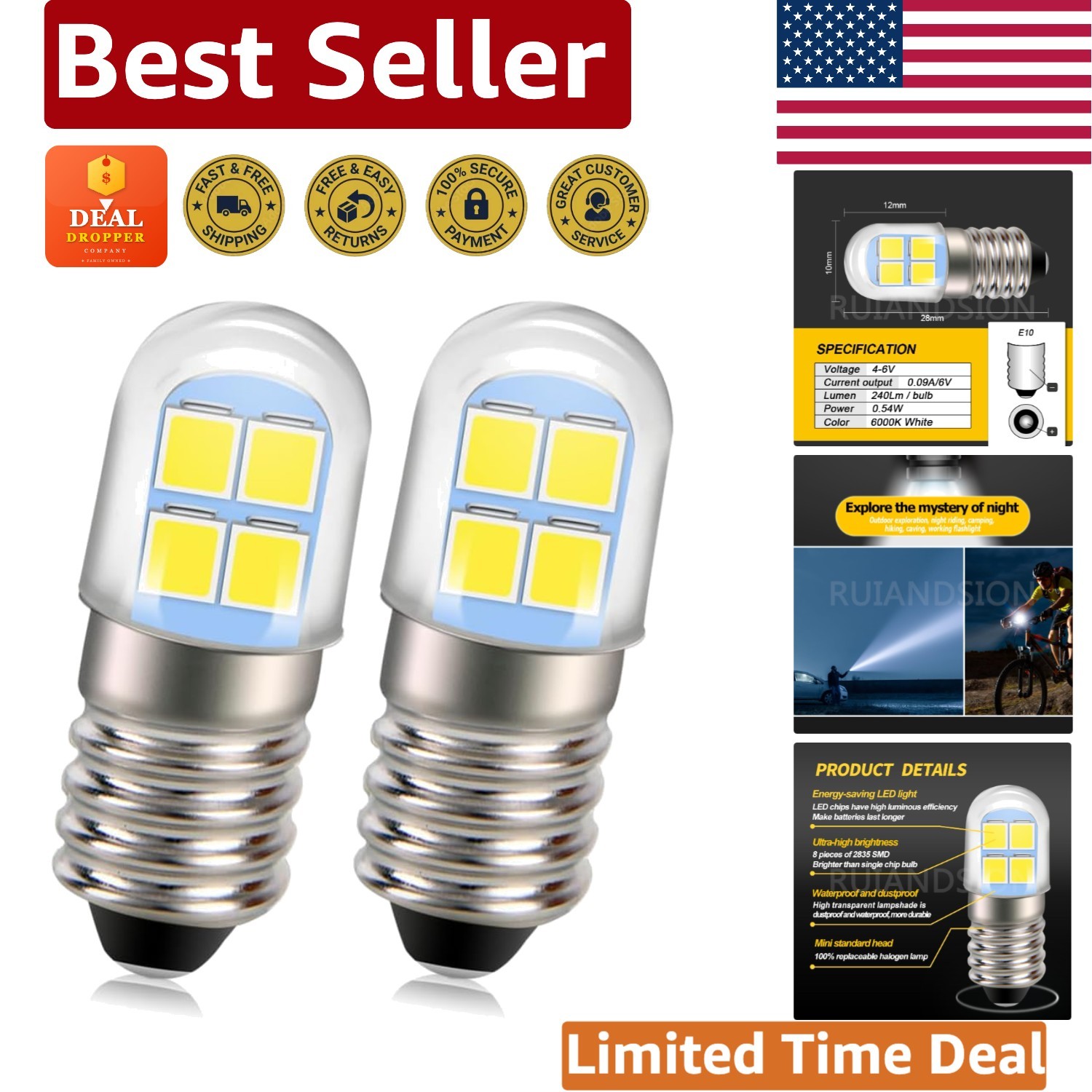Multi-Purpose E10 LED Flashlight Bulb - 240LM, Cool White, Easy Install