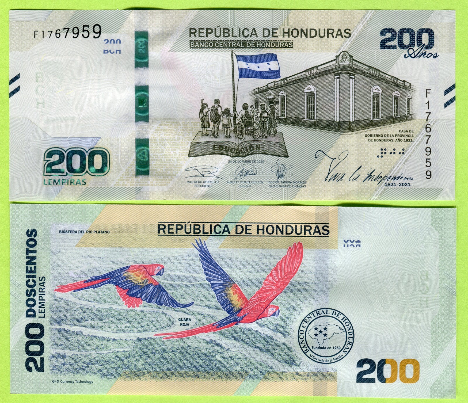 Honduras 200 Lempiras 2019(2021) P105 UNC / Commemorative