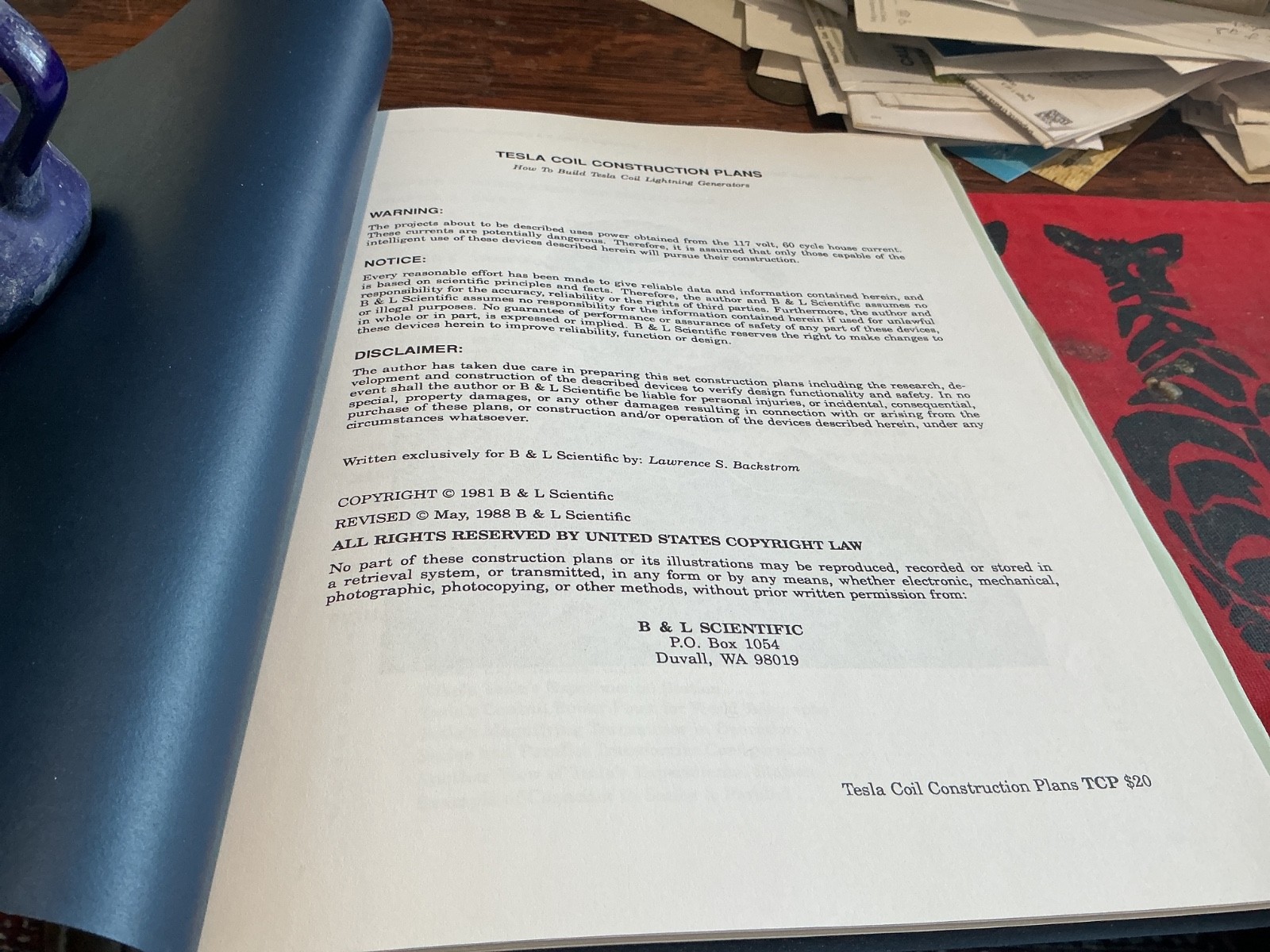 Tesla Coil Construction Plans, Lawrence S. Backstrom, B&L Scientific, w/Photo