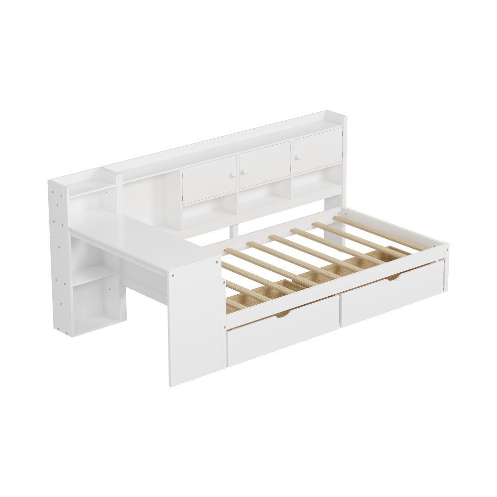 White L-Shape Daybed w/ Storage Cabinets & Desk, Twin Size