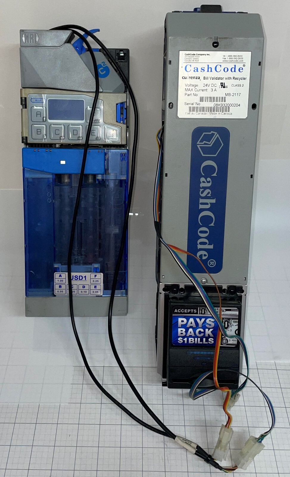 Crane Cashcode Currenza Bill Validator with Recycler and Curenza Coin Changer.