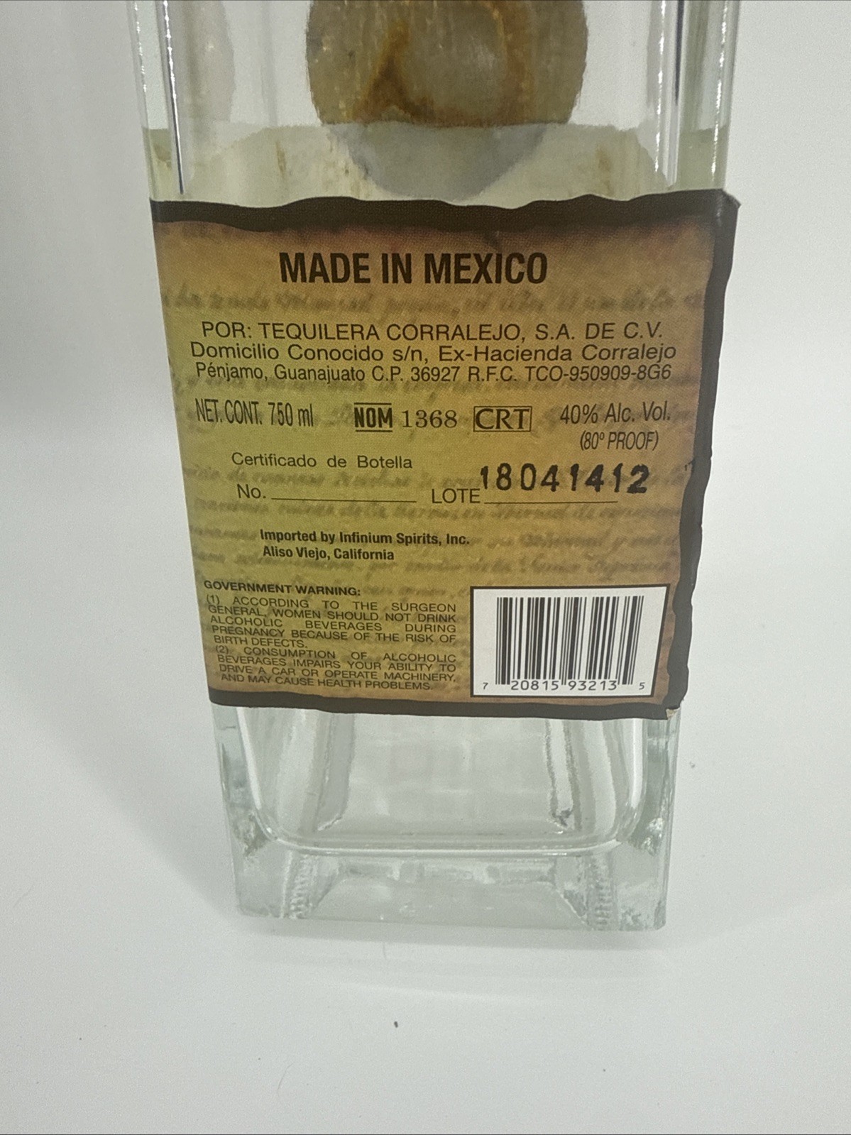 1821 Corralejo TEQUILA EXTRA AÑEJO Bottle (Empty)