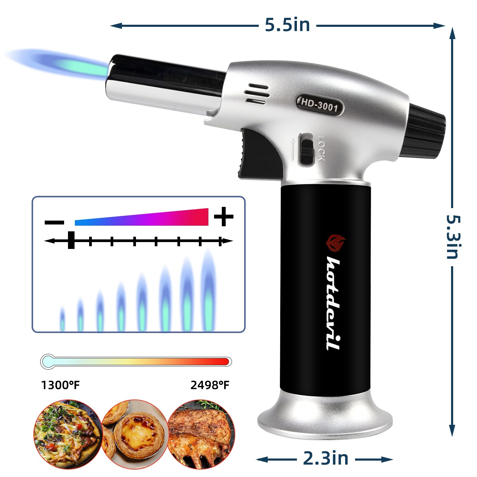 Hotdevil Butane Adjustable Flame Torch 6g Refillable Tank Cooking Lighter Blow