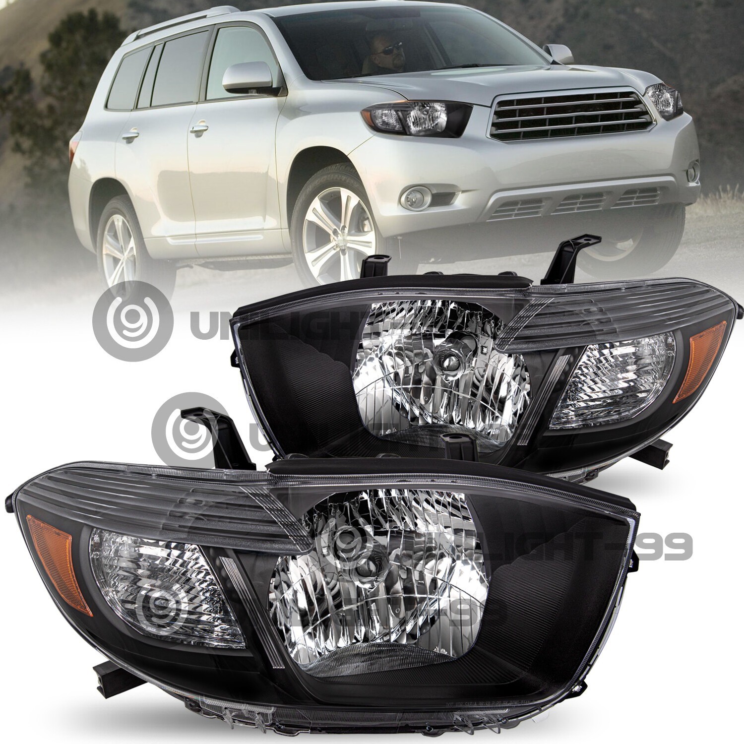 For 2008-2010 Toyota Highlander Black Housing Amber Corner Headlights Assembly