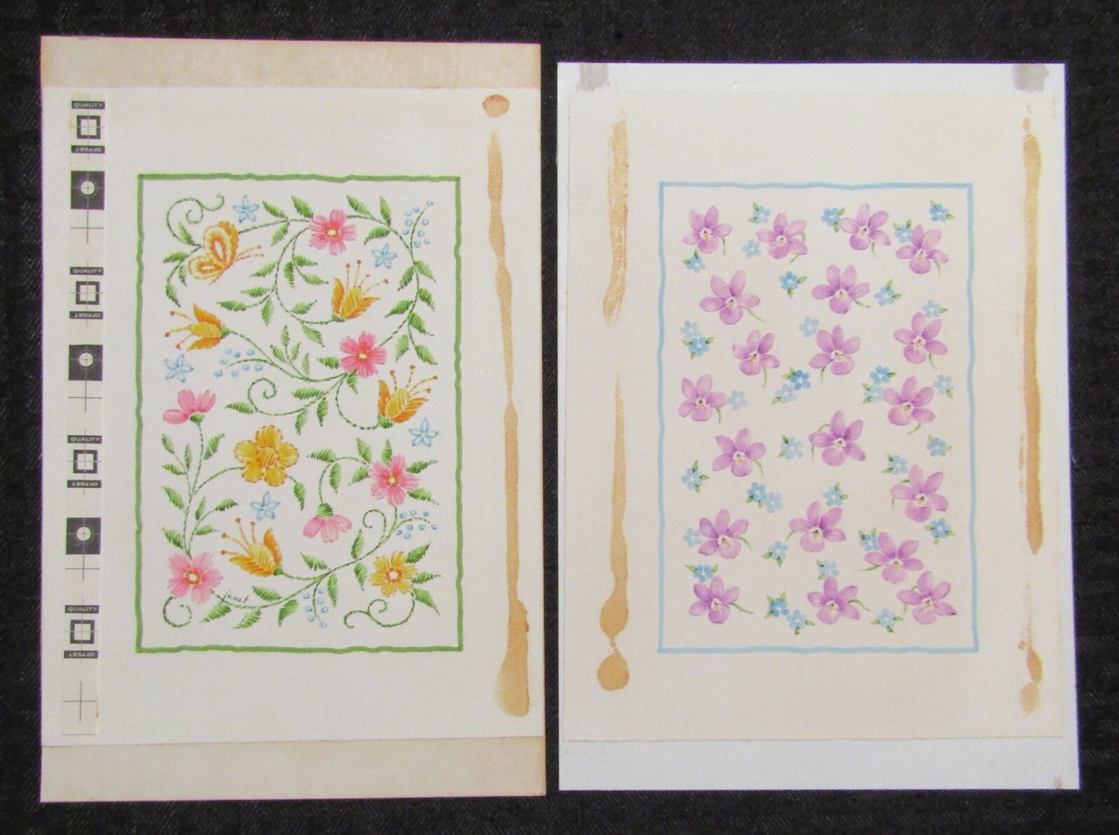 THANK YOU NOTE Violet Pink & Yellow Flowers 5.5x8.5" Greeting Card Art LOT of 2