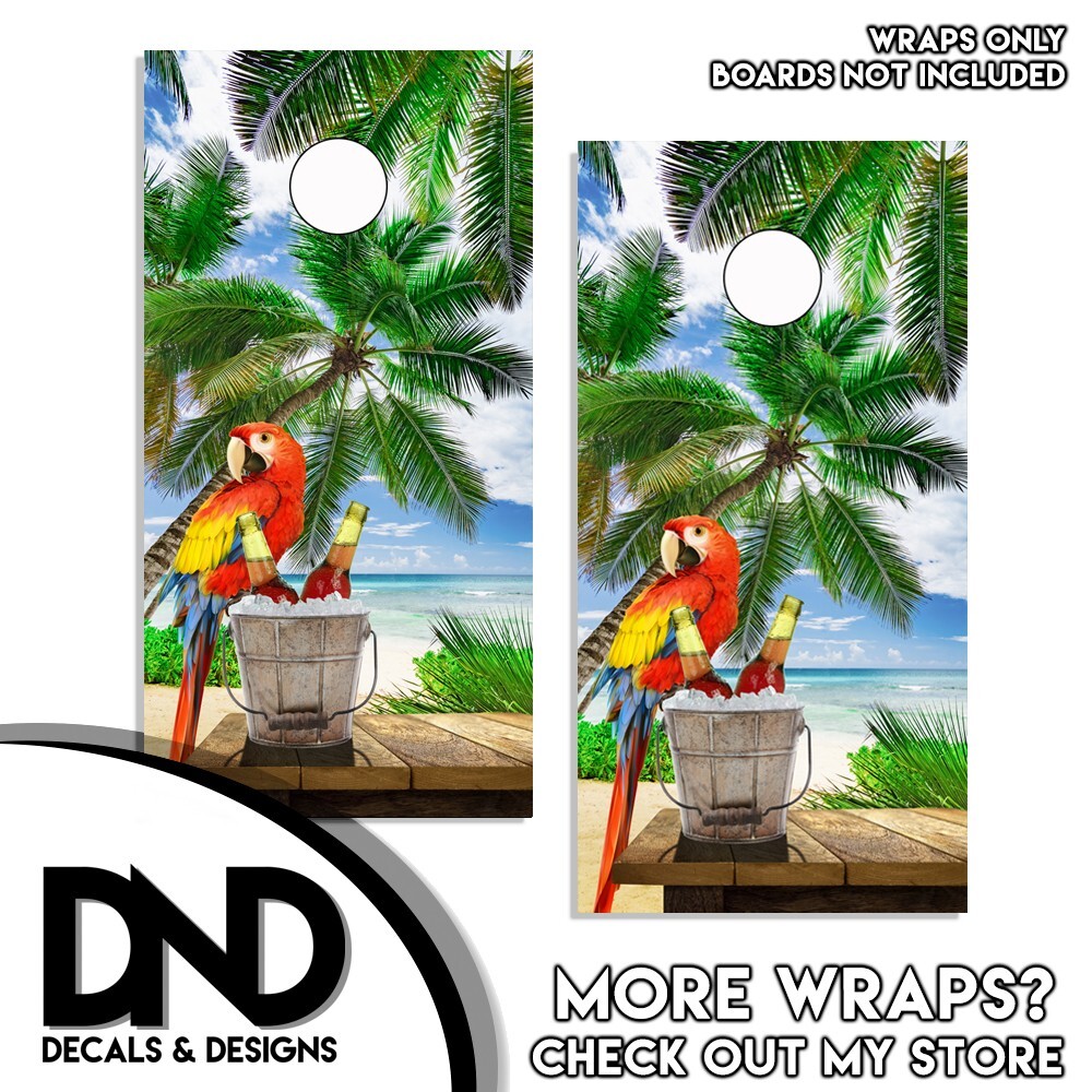 CARRIBEAN BEACH PARROT SCENE CORNHOLE WRAP SET Vinyl Board DECAL V2/V2
