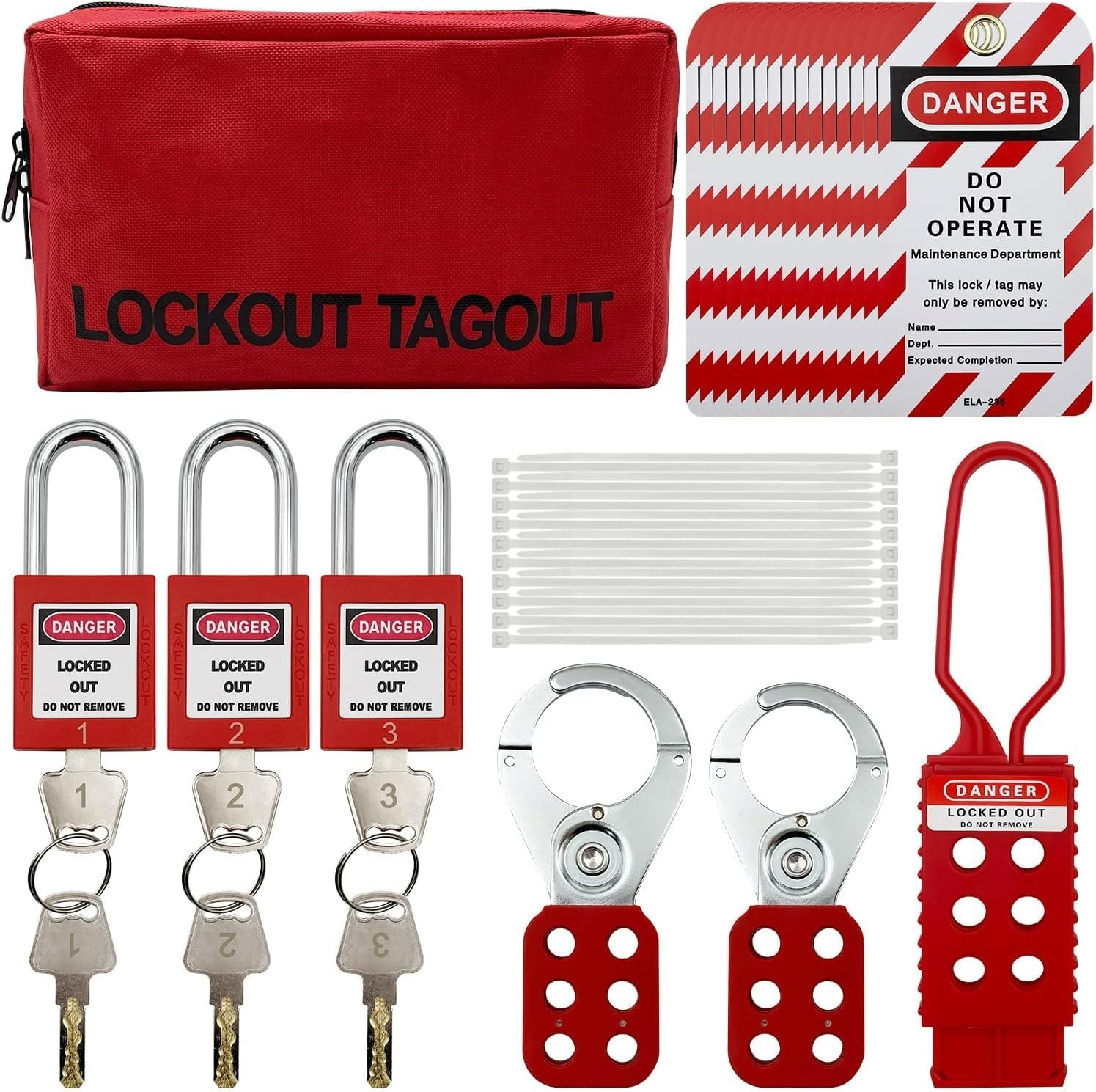 Complete Lockout Tagout Kit - 3 Padlocks, Hasps & Tags for Workplace Safety