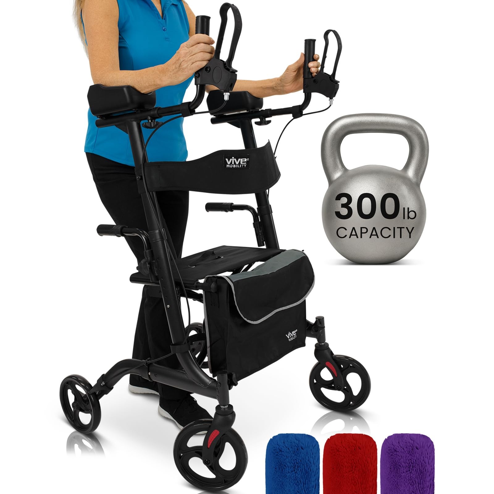 Vive Mobility Upright Walker with Seat - Stand Up Rollator, Black Bag,