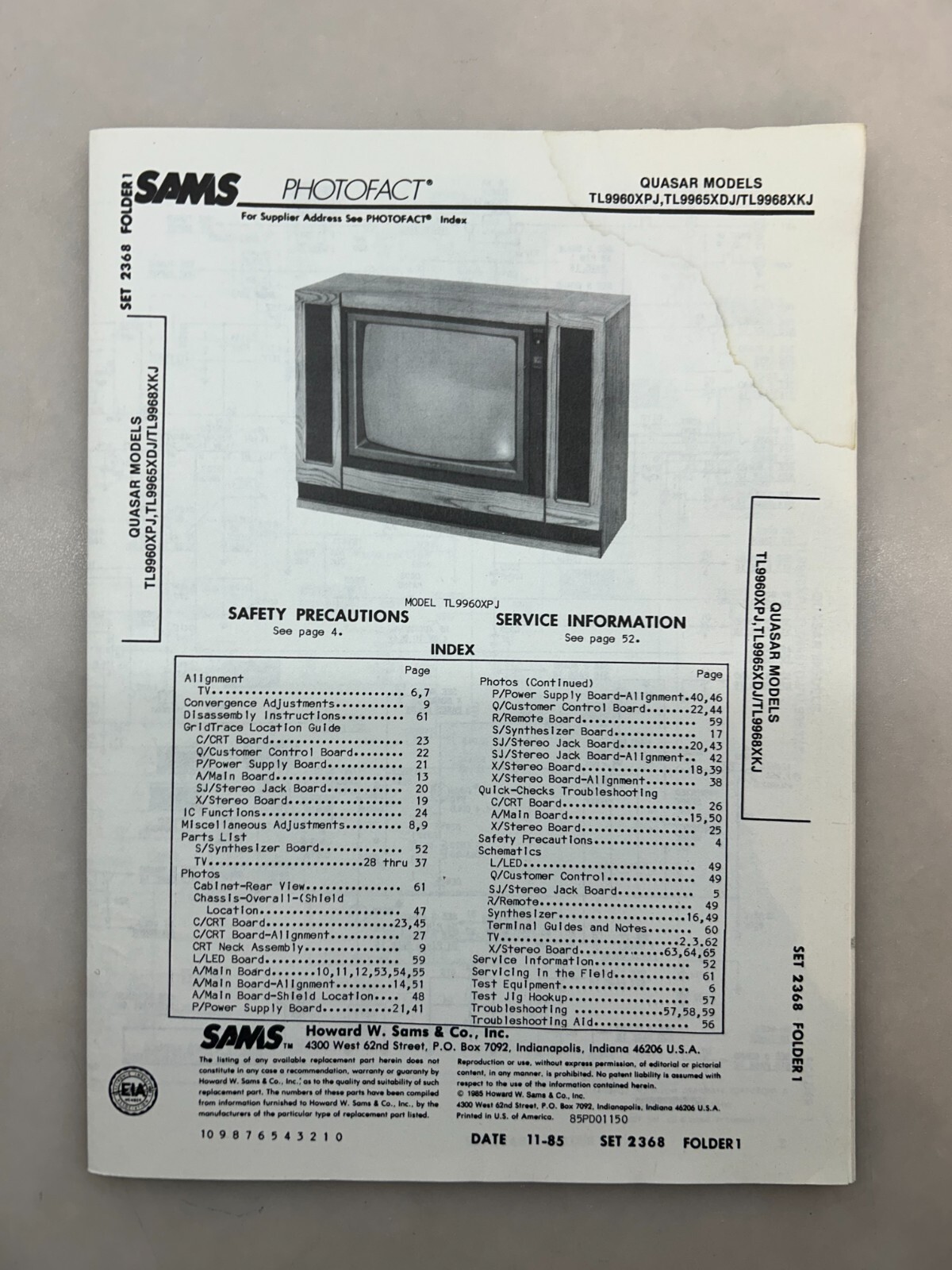 Quasar TL9960XPJ TL9965XDJ TL9968XKJ Service Manual Sams Photofact Free Shipping