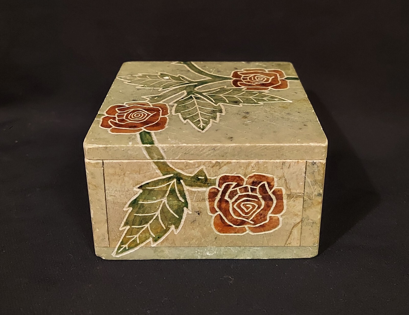 Carved Stone With Handpainted Roses Trinket Box