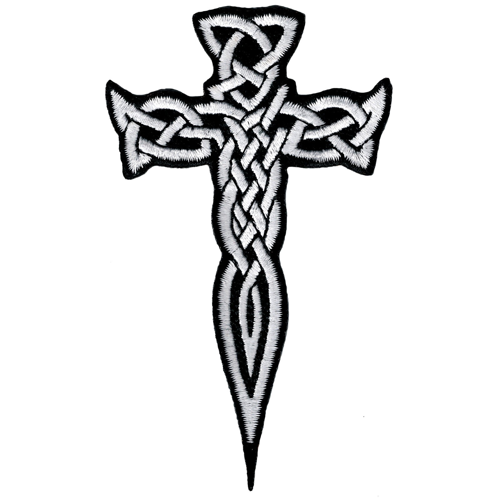 CELTIC CROSS PATCH - DAGGER WHITE iron-on embroidered IRISH CHRISTIAN RELIGIOUS