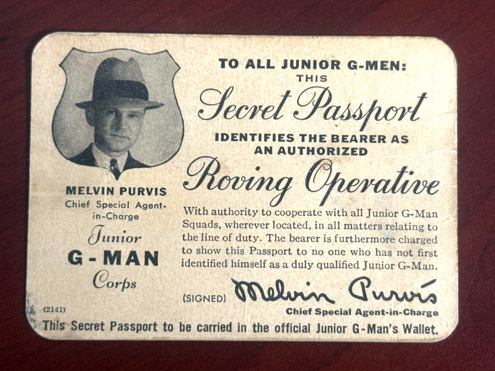 Vintage MELVIN PURVIS Junior G-Men Corps Secret Passport